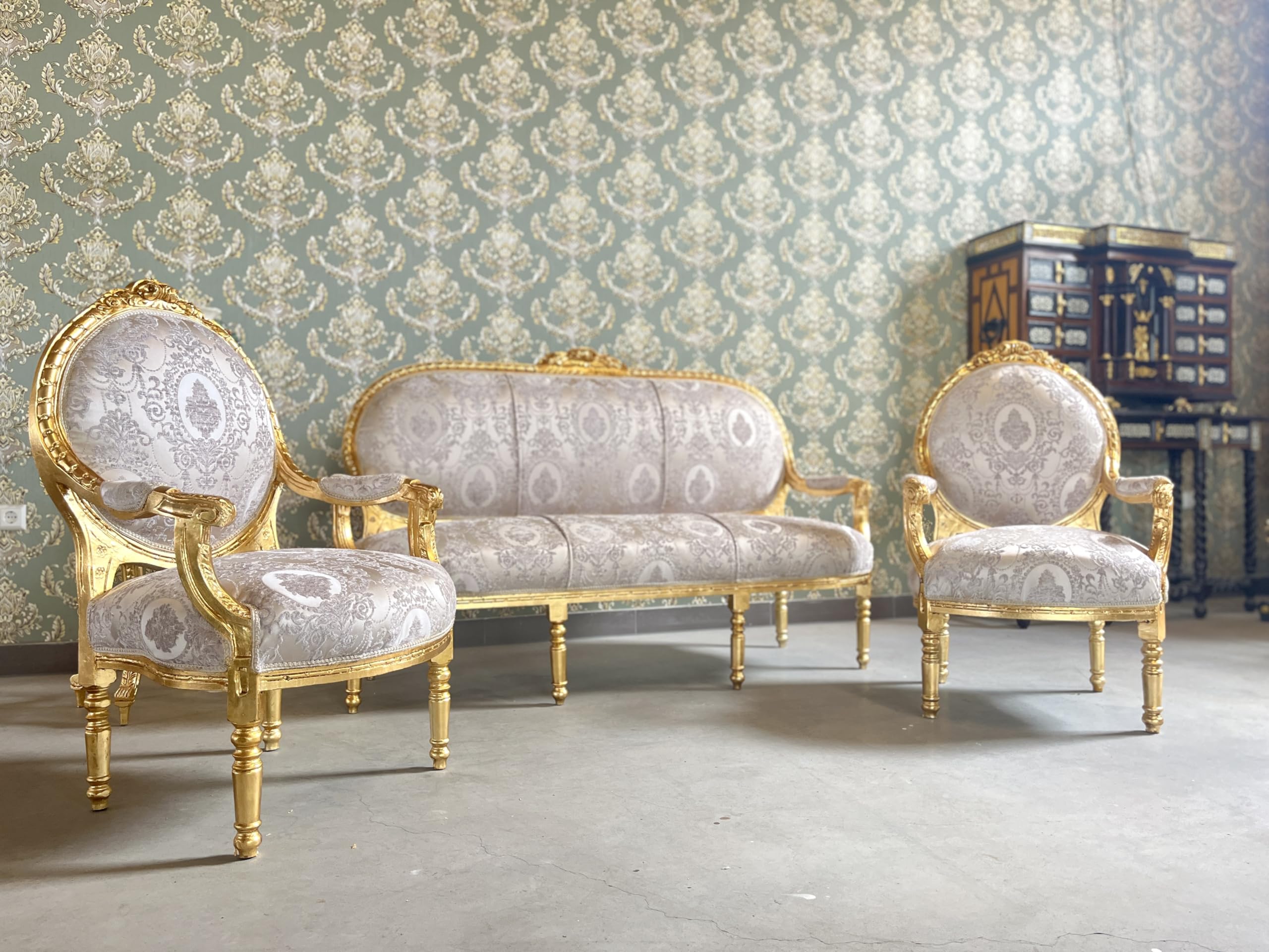 CasAmin Home & Living Ensemble de canapés de salon dorés, style rétro, baroque, rococo, pour salon, décoration d'intérieur pour hôtel et salon