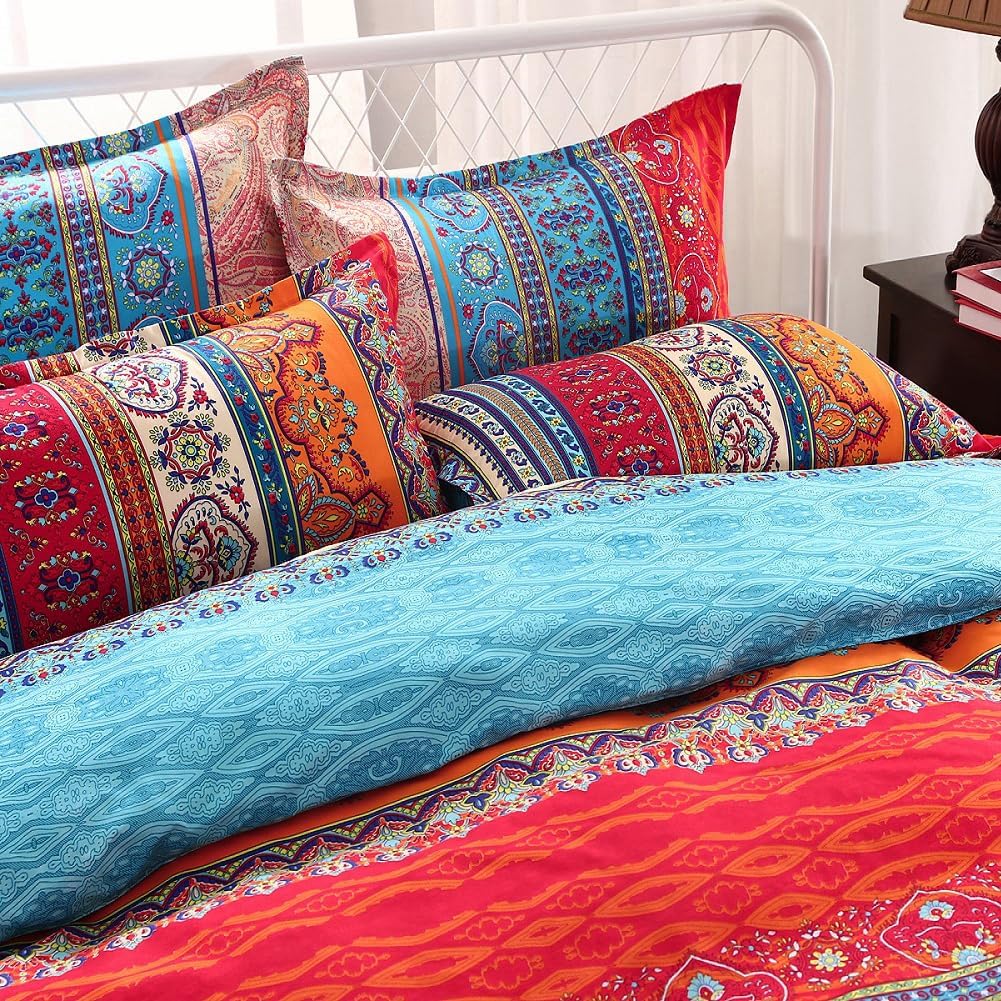 Boho Duvet Cover King, 3 Pieces Soft Lightweight Microfiber Duvet Cover Set, Multicolor Bohemian Bedding Comforter Cover Set with Zipper Ties, 1 Duvet Cover and 2 Pillowcases, No Comforter Red King