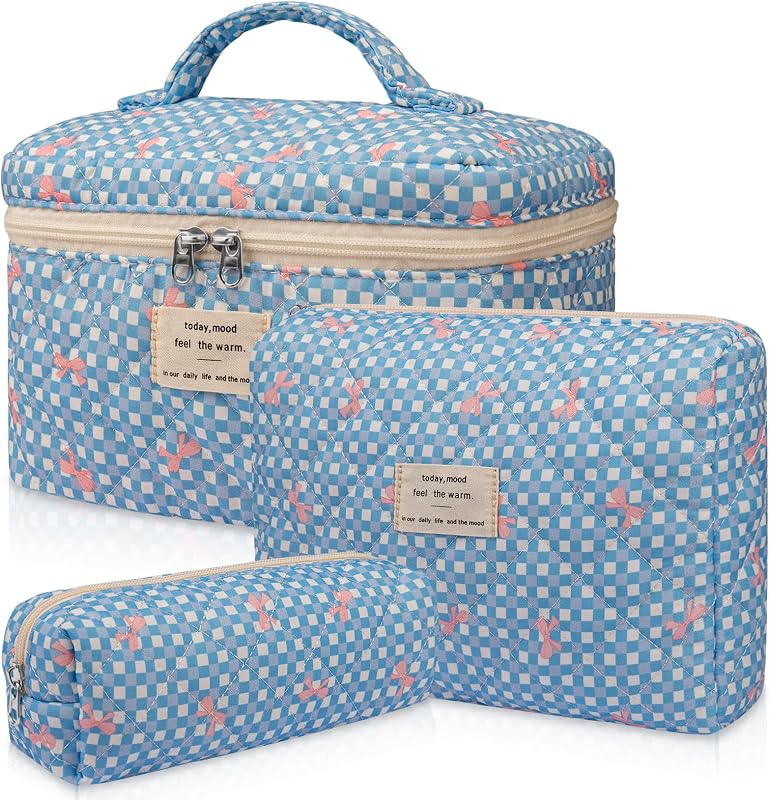 Gosect Conjunto com 3 necessaires para maquiagem e itens pessoais, estampa xadrez azul