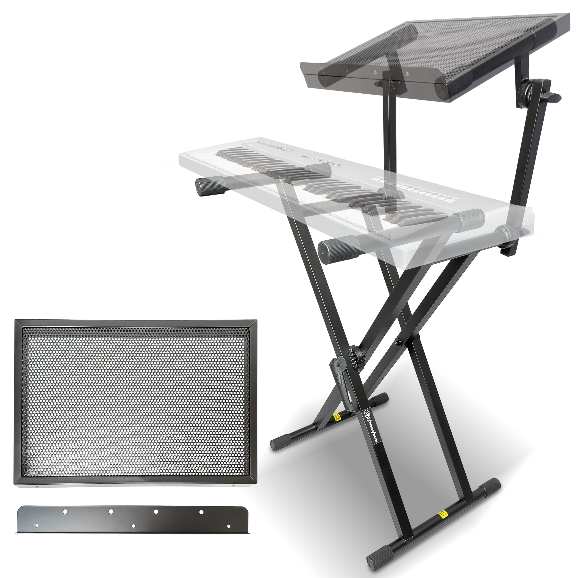 AxcessAbles Dual Piano Keyboard Stand with 2nd Tier – X Style Adjustable and Portable Heavy Duty 2 Tier Stand for Synths, Laptops, Tablet, Sheet music and Digital Keyboards – Fits 54, 61, 64, 88 Key Pianos. Electric Piano and Sheet Music Stand