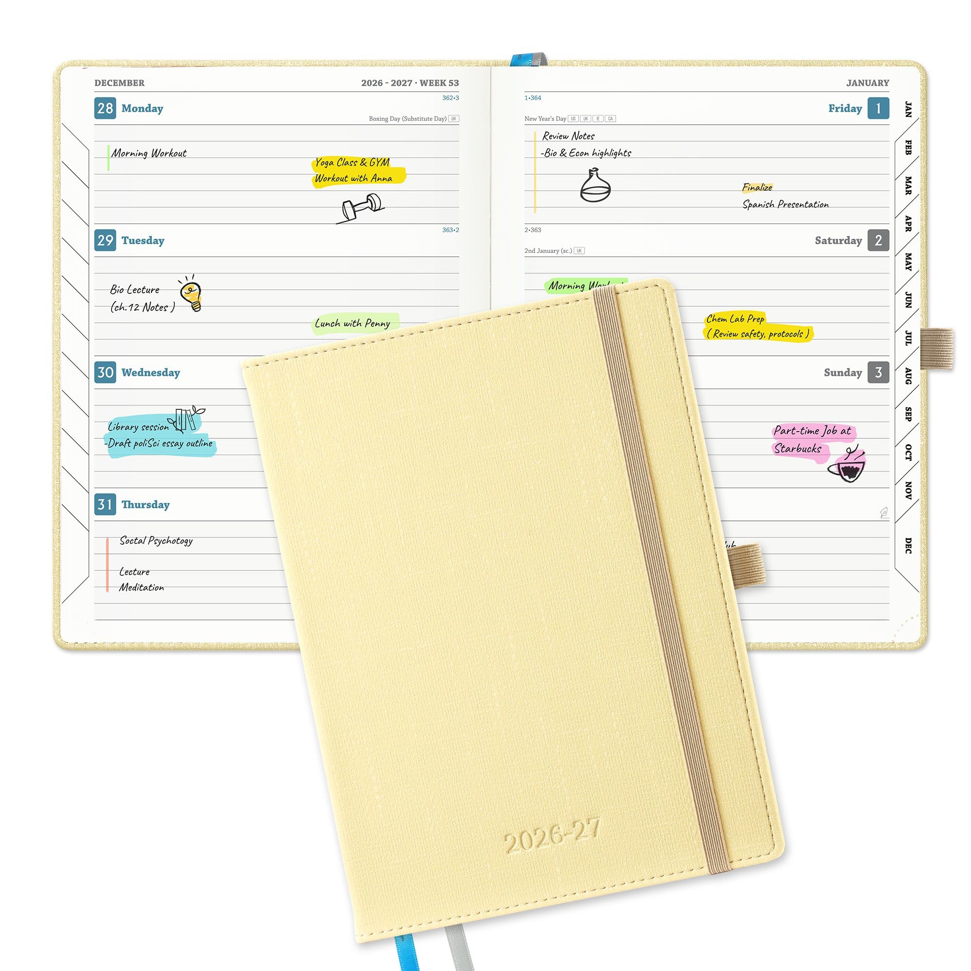 IN-LUXPRO Academic Diary 2026-2027: Luxury A5 Week to View (21.9x16.2cm)18 Months (Jul'26 - Dec'27) Mid Year Diary 26/27 Horizontal Weekly Planner with Timeslots & Month Tabs, PU Leather Yellow