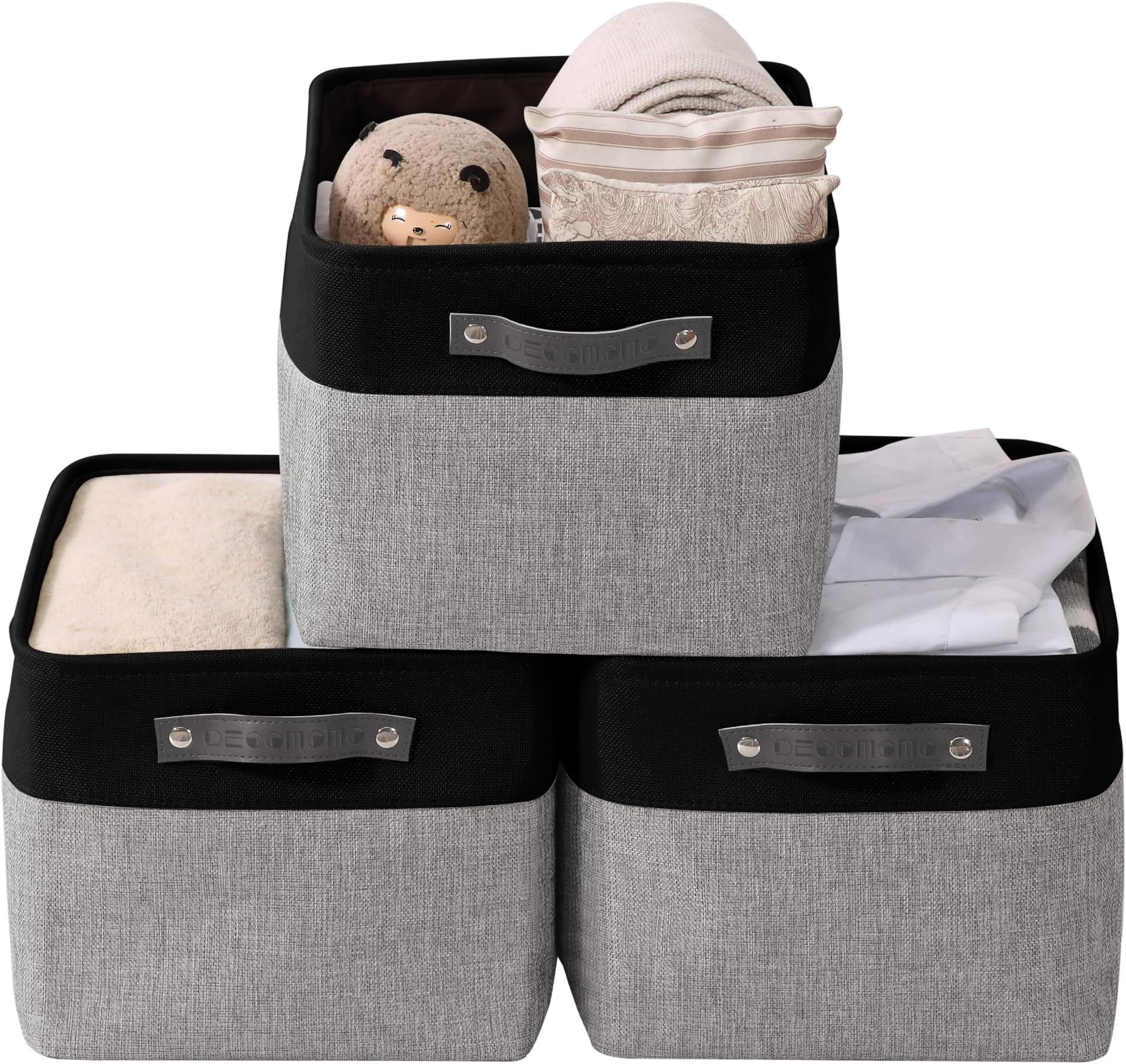 DECOMOMO Storage Baskets for Shelves - Fabric Storage Bins, Linen Closet Organizers and Storage (Grey & Black, Large - 3 Pack)
