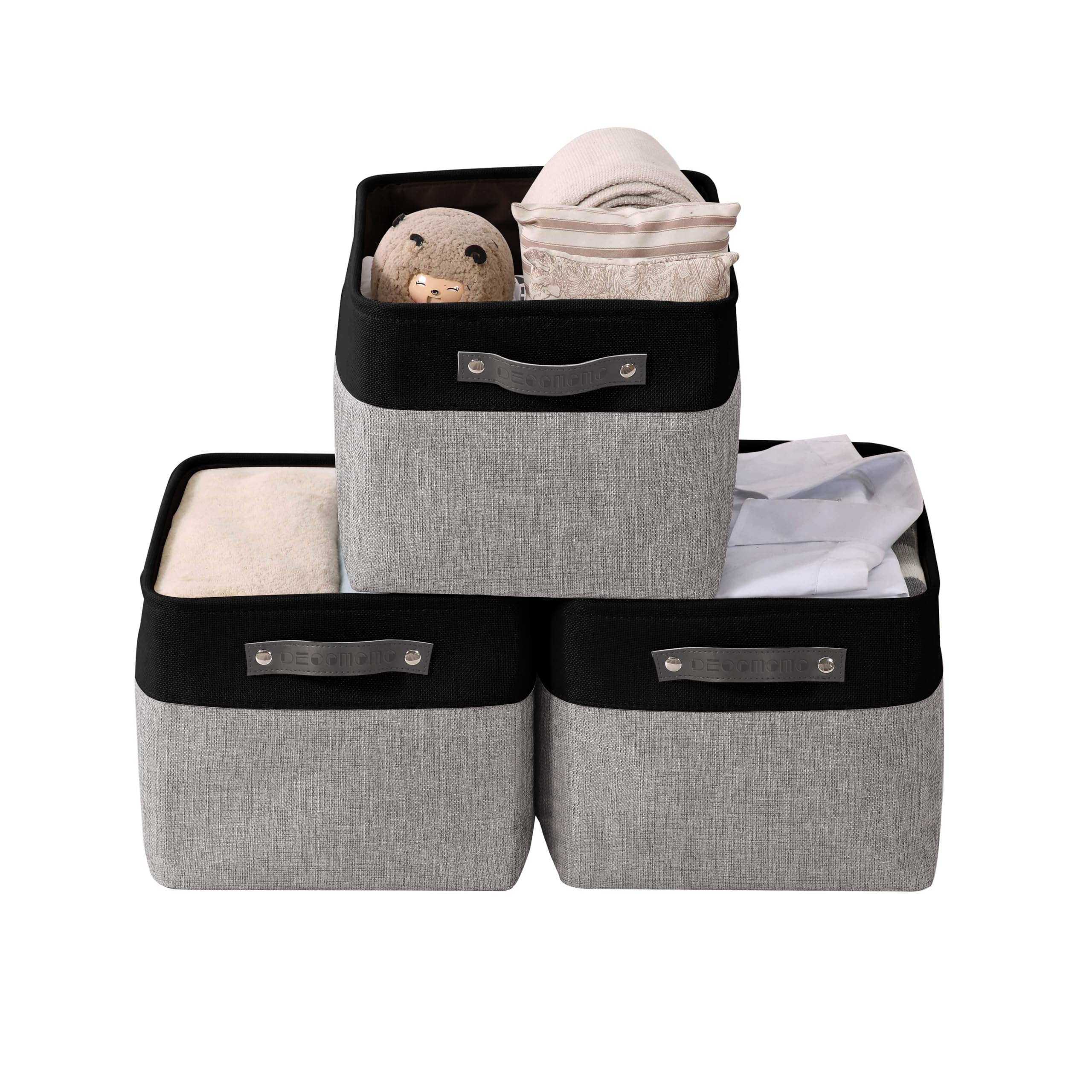 Foldable Storage Bin [3-Pack] Collapsible Sturdy Cationic Fabric Storage Basket Cube W/Handles for Organizing Shelf Nursery Home Closet (Grey and Black, Extra Large - 15.8 x 12.5 x 10)