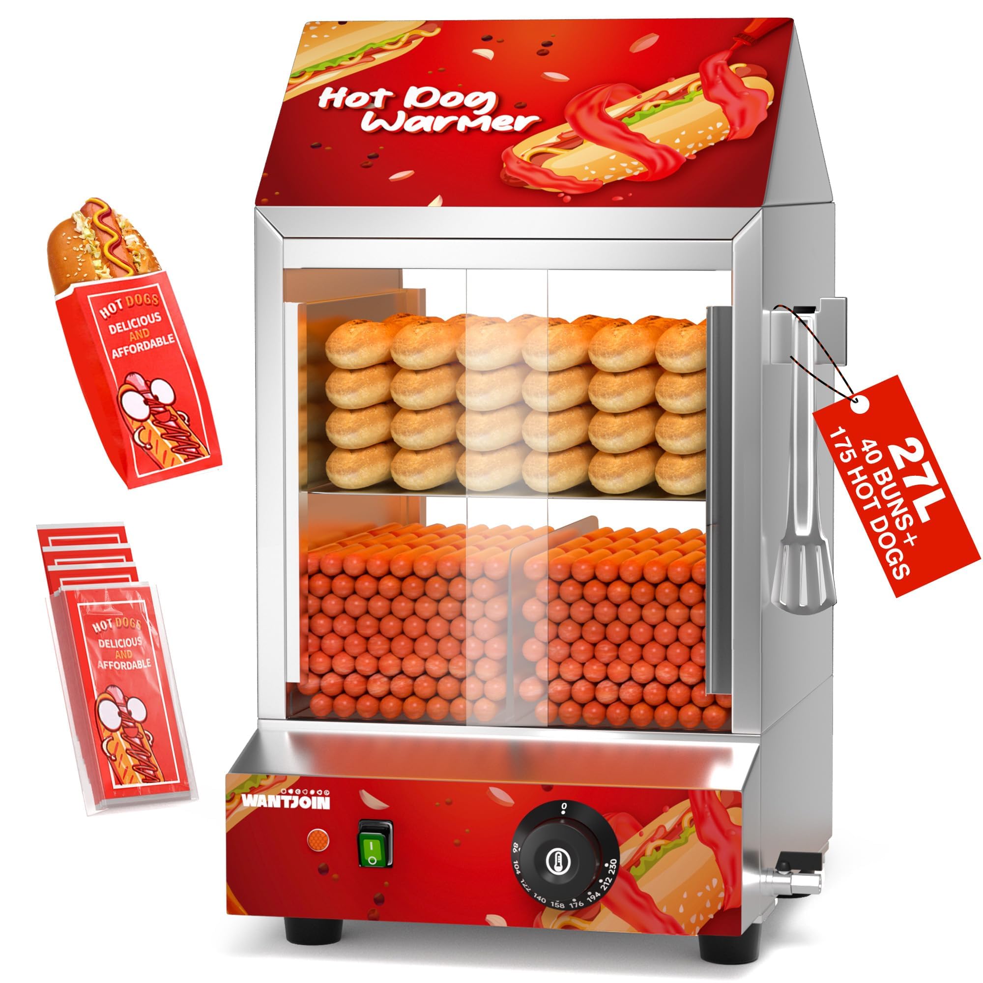 2-Tier Electric Hot Dog Steamer with Bun Warmer - 27L/28.5 QT Capacity, Holds 175 Hot Dogs & 40 Buns, Visible Glass Slide Doors, Red, Perfect for Commercial & Home Use
