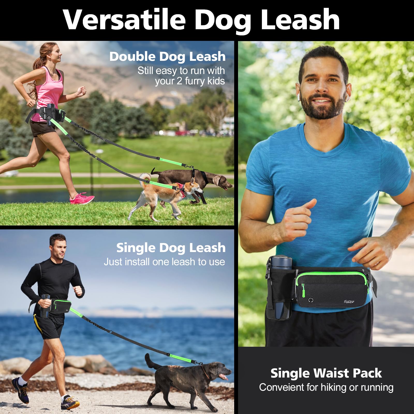 Correa para Perros Manos Libres 2 Perros, Correa de Cintura Ajustable Pasear Perro con Doble Bungees Mango Acolchado, Correa Trotar Amortiguador de Manos Actividades al Aire Libre, Negro+Verde