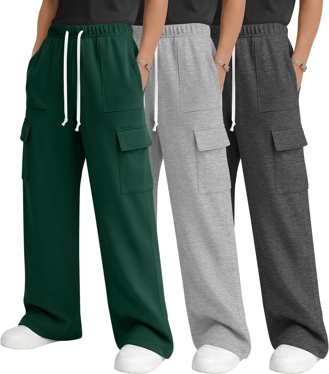 Oakgarden 3 Pack Boys Cargo Sweatpants Baggy Wide Leg Drawstring Pants Open Bottom Casual Workout Joggers 5-14Y