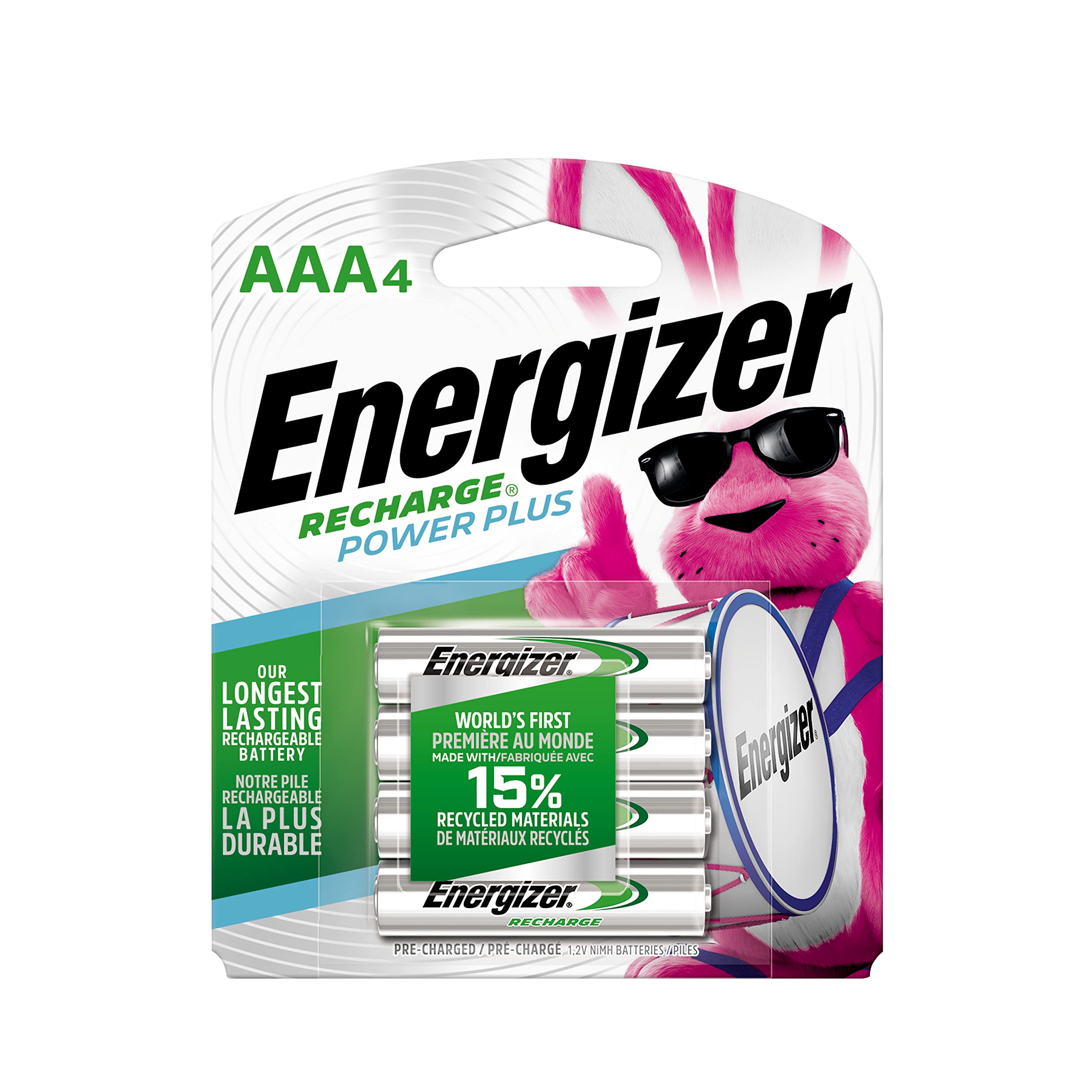 Energizer Rechargeable AAA Batteries, NiMH, 800 mAh, Pre-Charged, 4 count (Recharge Power Plus)