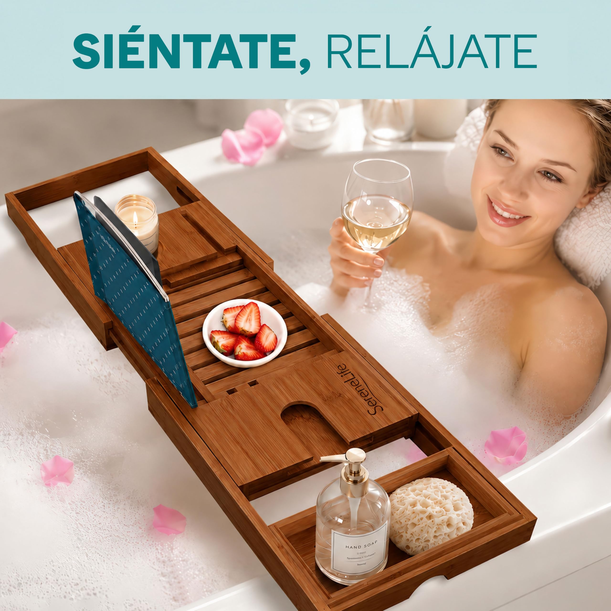SereneLife Bandeja bañera, Bambu, Extensible, Ajustable, Soporte para Copa de Vino, Libro, Movil, Tablet