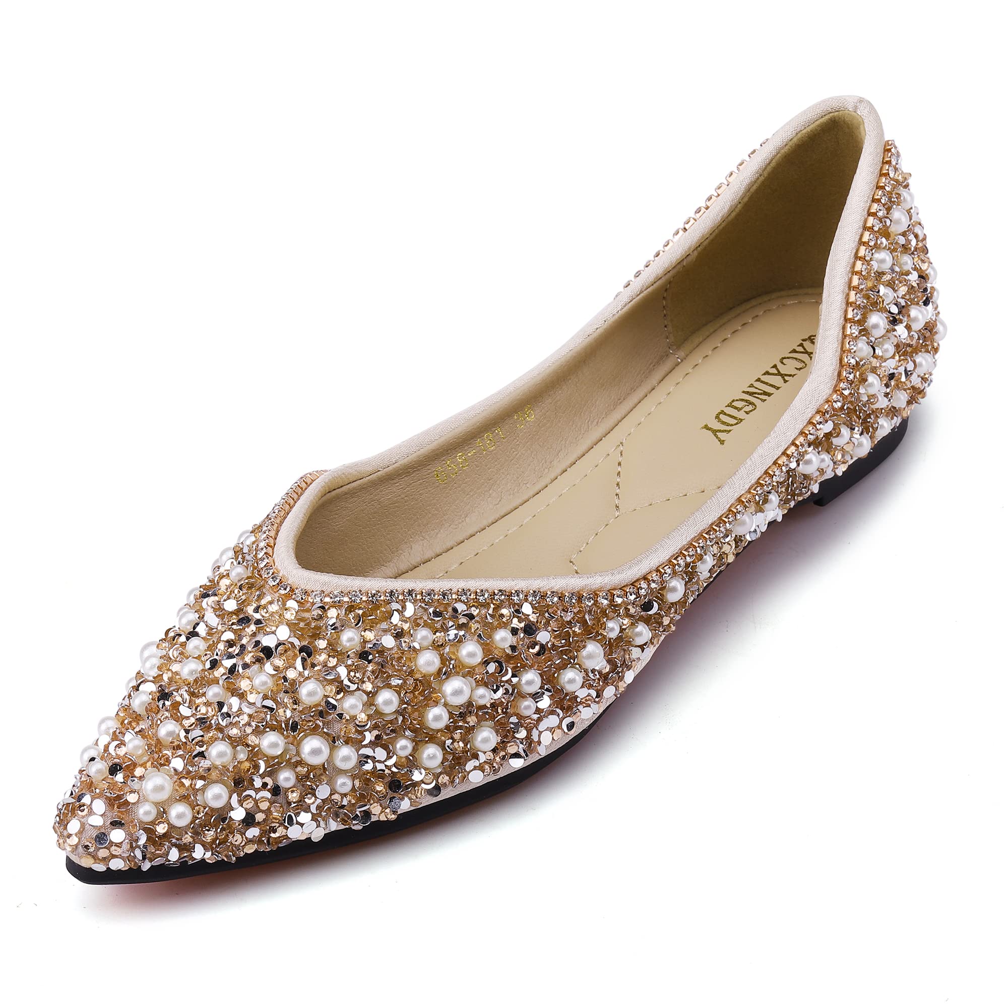 Women's Rhinestone Flats Fashion Pointed Toe Pearl Diamond Low Heel Dress Wedding Flats Work Business Dance Ballet Flats