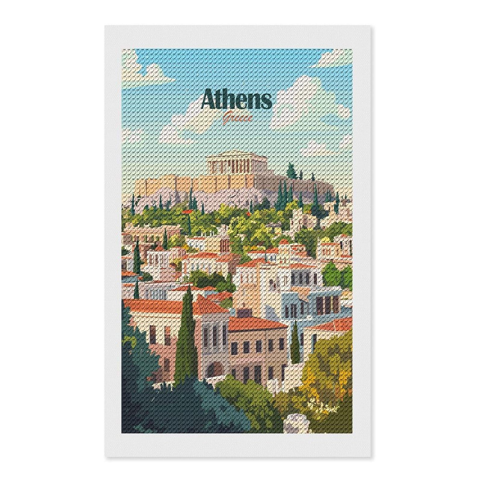 Junmoney Athens Greece Travel (8) Diamond Painting Set 12"x20", Arts and Crafts, Wall Art Gift, Full Kit Included, Relaxing Handmade Project