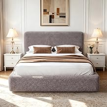 Queen Cloud Bed Frame with Headboard, Boucle Upholstered Low Platform Bed, Anti-Collision Soft Sponge Cushion, for Modern Bedrooms, Apartments & Guest Rooms, No Box Spring Needed, Grey