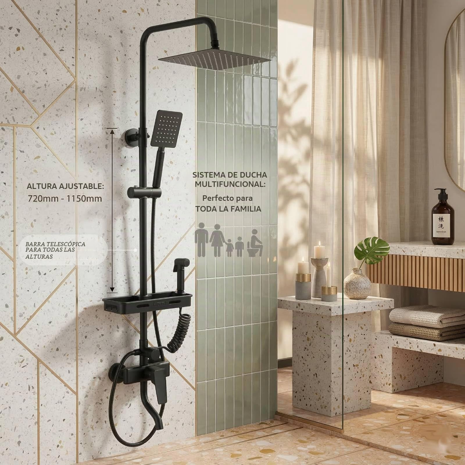 4 Modos Columna de Ducha con Grifo, Acero inoxidable Rociador superior/Ducha de mano, Lluvia Columna de Baño Multifuncional Altura Ajustable 72-115cm