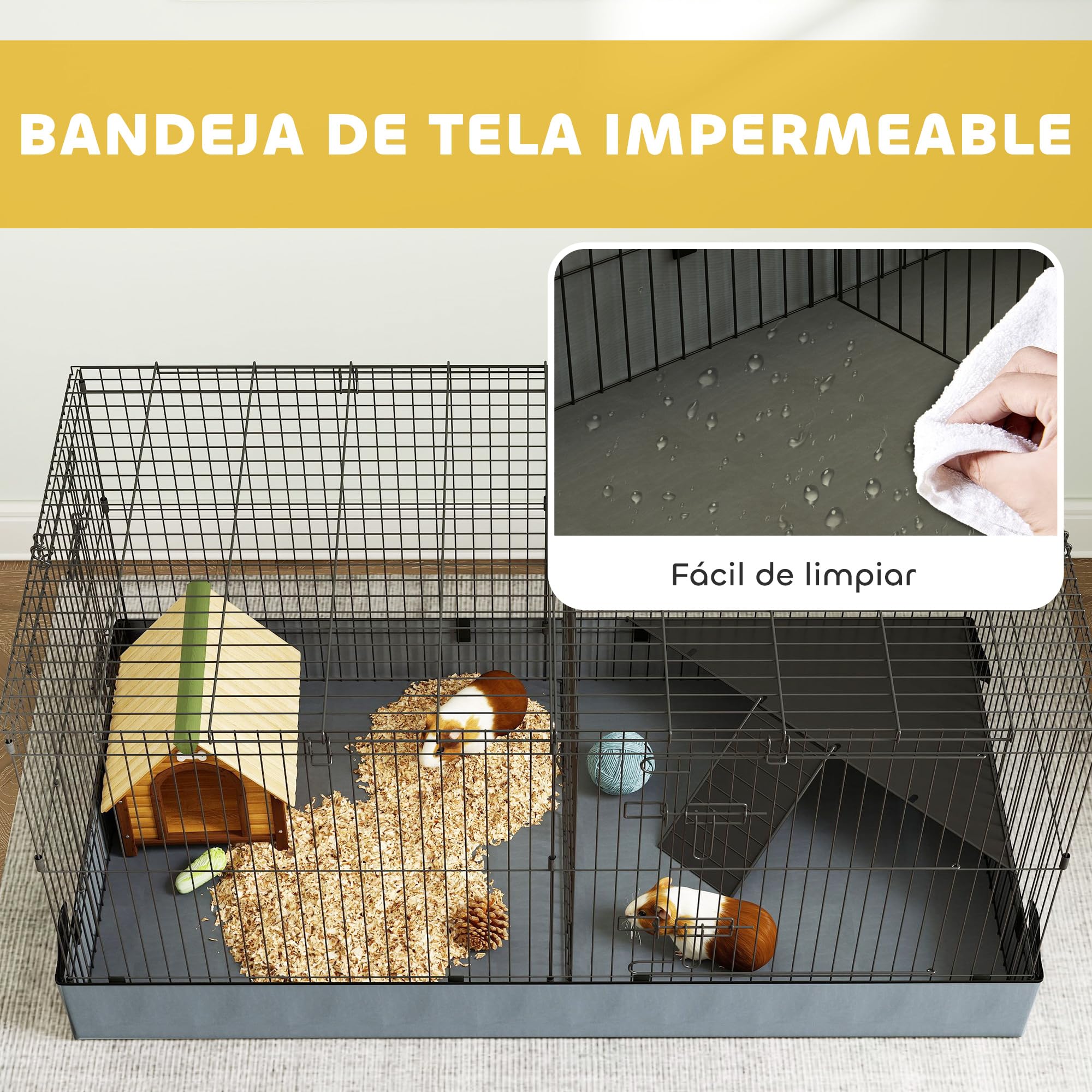 PawHut Jaula para Animales Pequeños 2 en 1 con Tapa Extraíble Parque para Mascotas Recinto para Conejos, Cobayas y Erizos 121x61x61 cm Negro