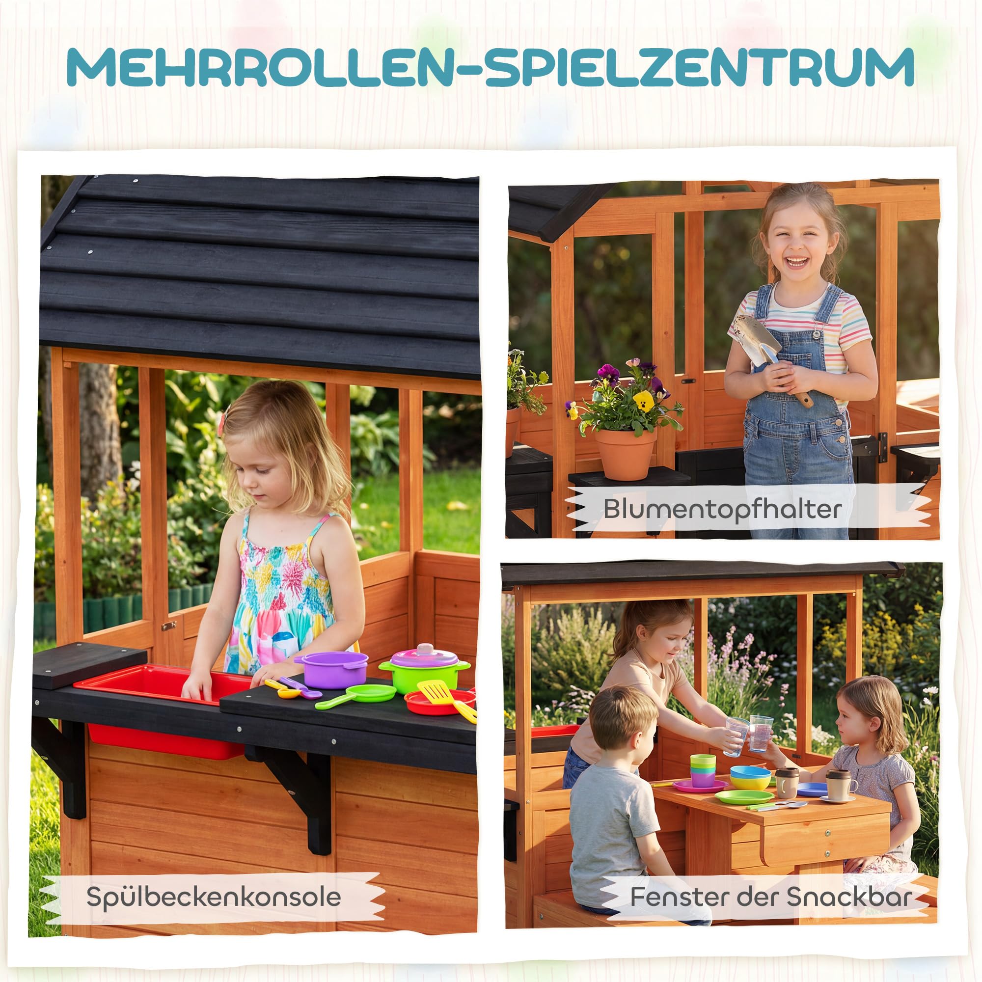 AIYAPLAY Spielhaus Outdoor Kinderspielhaus aus Holz mit Tisch Bank Spülstation Fenster Tür Blumenkastenhalter Gartenhaus für Jungen und Mädchen 3-8 Jahre für Outdoor & Indoor Hellbraun