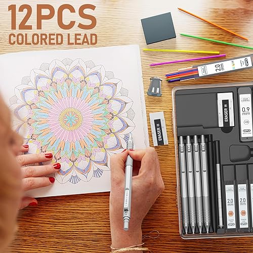 Miniatura 7 de Four Candies Metal Mechanical Pencil Set, 3PCS Art Drafting Pencils 0.5, 0.7, 0.9MM & 2PCS 2MM Mechanical Drawing Pencils with 420PCS Leads (4B 2B