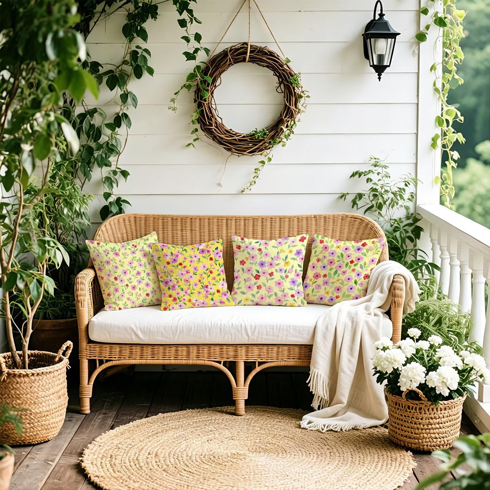 Giallo Federe Cuscini Divano 40x40cm, Cuscini da Esterno Set de 4, Cod-157 | Velour Copricuscini Decorativi Letto Arredo, per Letto, Soggiorno, Giardino, Esterno, Casa Decorazione Set di 4 Fiore