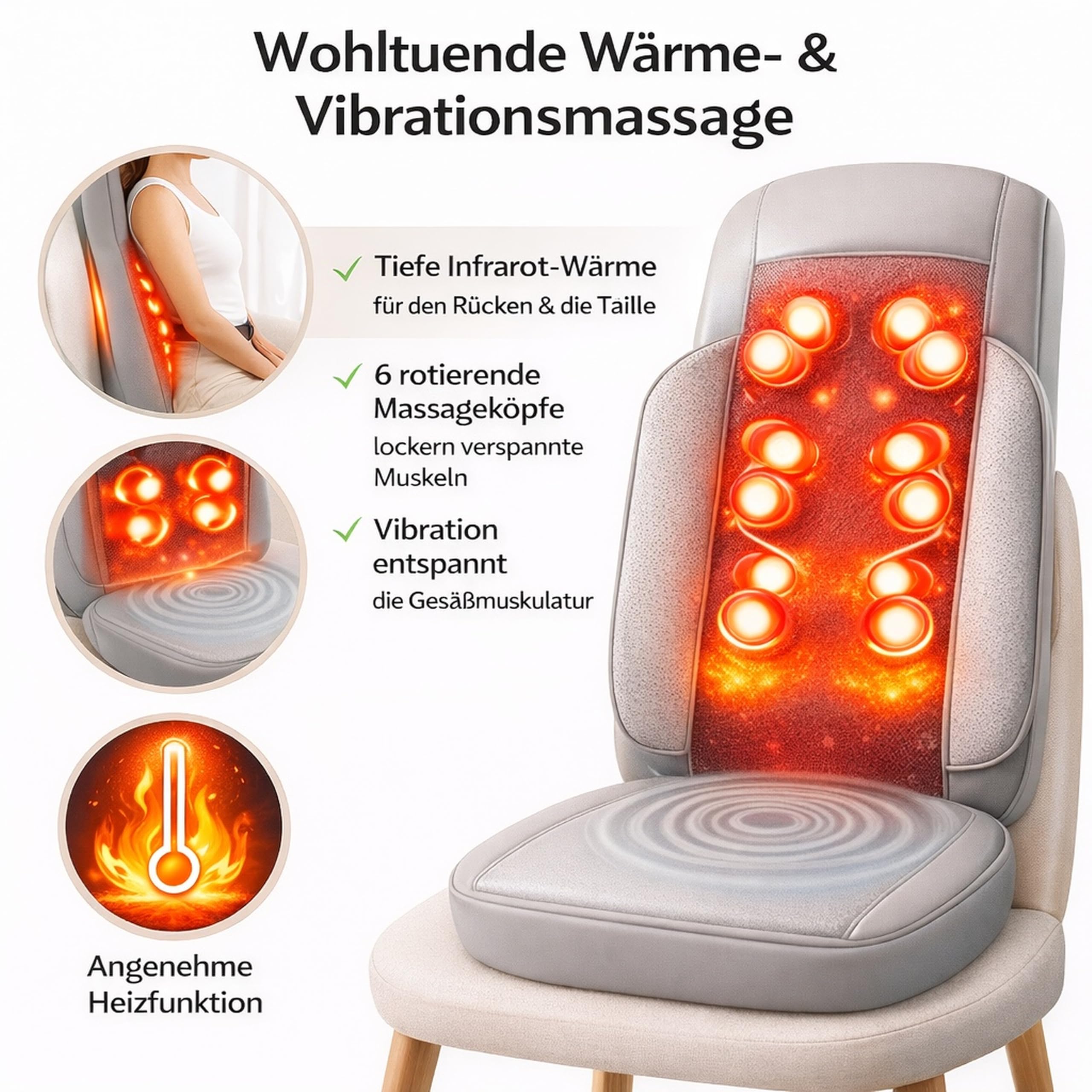MOCHO® Massagesitzauflage Shiatsu Massagesitz mit Wärmefunktion, 3 Zonen, Rückenmassage, Nackenmassage, Vibrationssitz, Ganzkörper Massagegerät,Massagematte