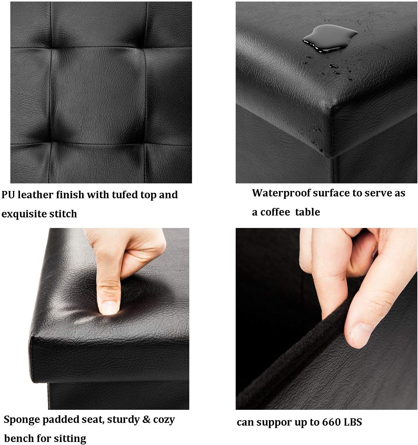 Bonnlo Extra Large 43" Faux Leather Folding Storage Ottoman Cube Bench/Foot Rest Seat/Coffee Table Black