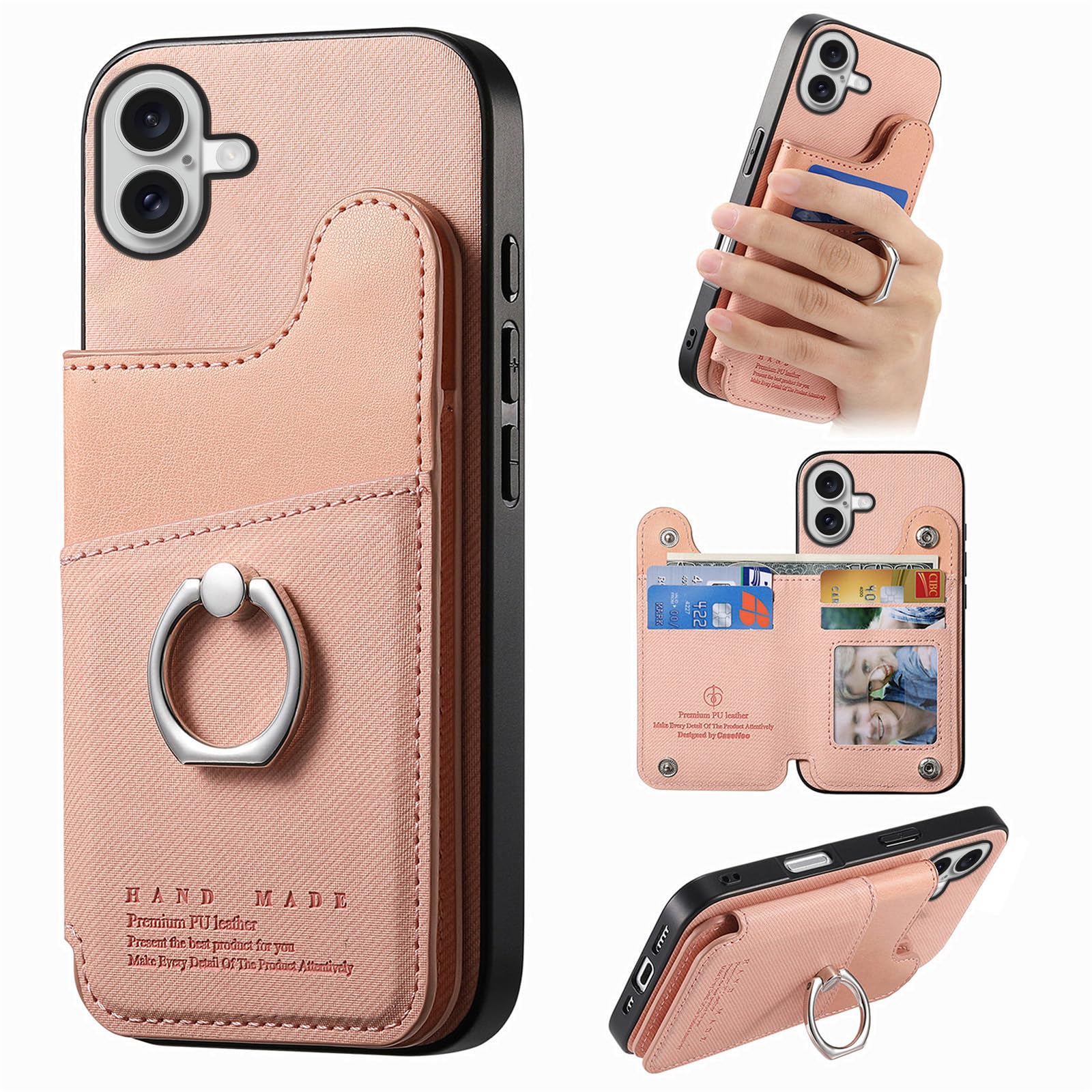 ONETHEFUL 対応 iPhone 17 ケース 手帳型 背面 カード収納 あいふおん17 ケース スタンド機能 リング付き いphone17 カバー 財布型 For iphone17 カバー カメラ保護 PUレザー RFIDブロッキング 360°回転 TPU全面保護ピンク