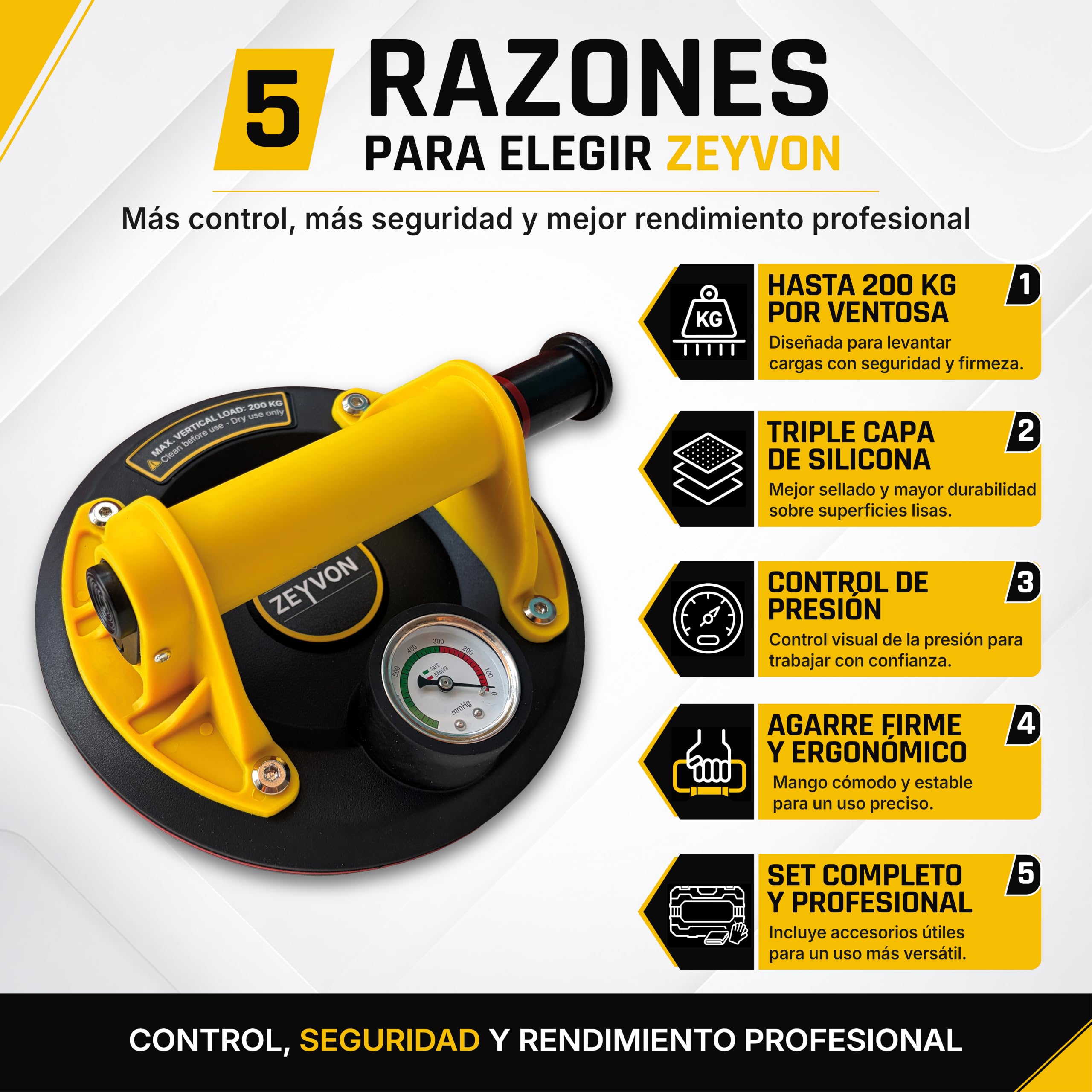 2x Ventosas para Cristal y Ventosas para Azulejos con Manómetro – Diámetro 200 mm – Carga Máx 200 kg por Ventosa – Profesionales para Cristal, Azulejos, Mármol y Superficies Lisas y Pulidas