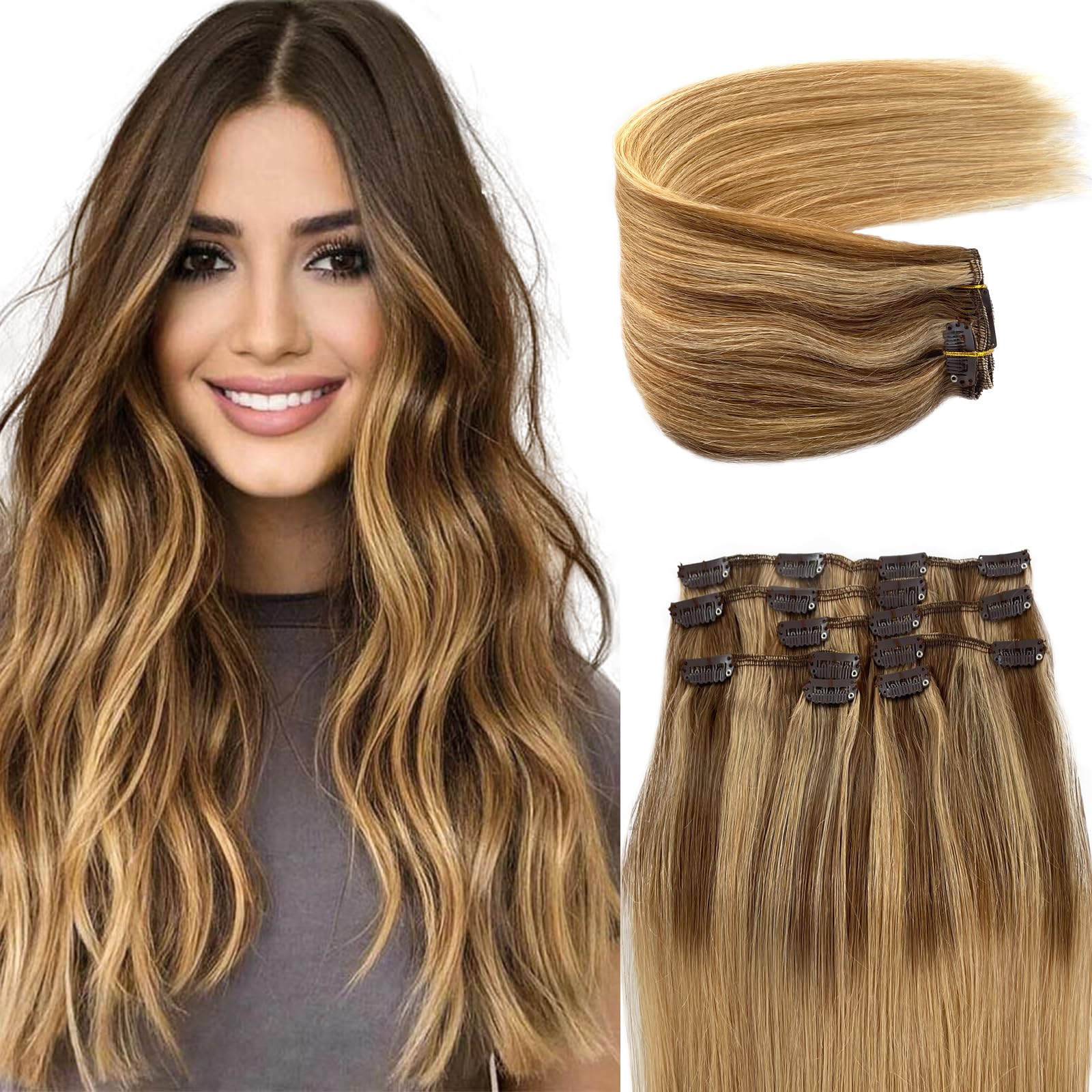 Ombre Clip in Hair Extensions, 20 Inch Balayage Golden Brown Mixed Golden Blonde Highlights Real Human Hair Extensions Clip ins 70g 7pcs Hand Weft Clip ins Human Hair Extensions