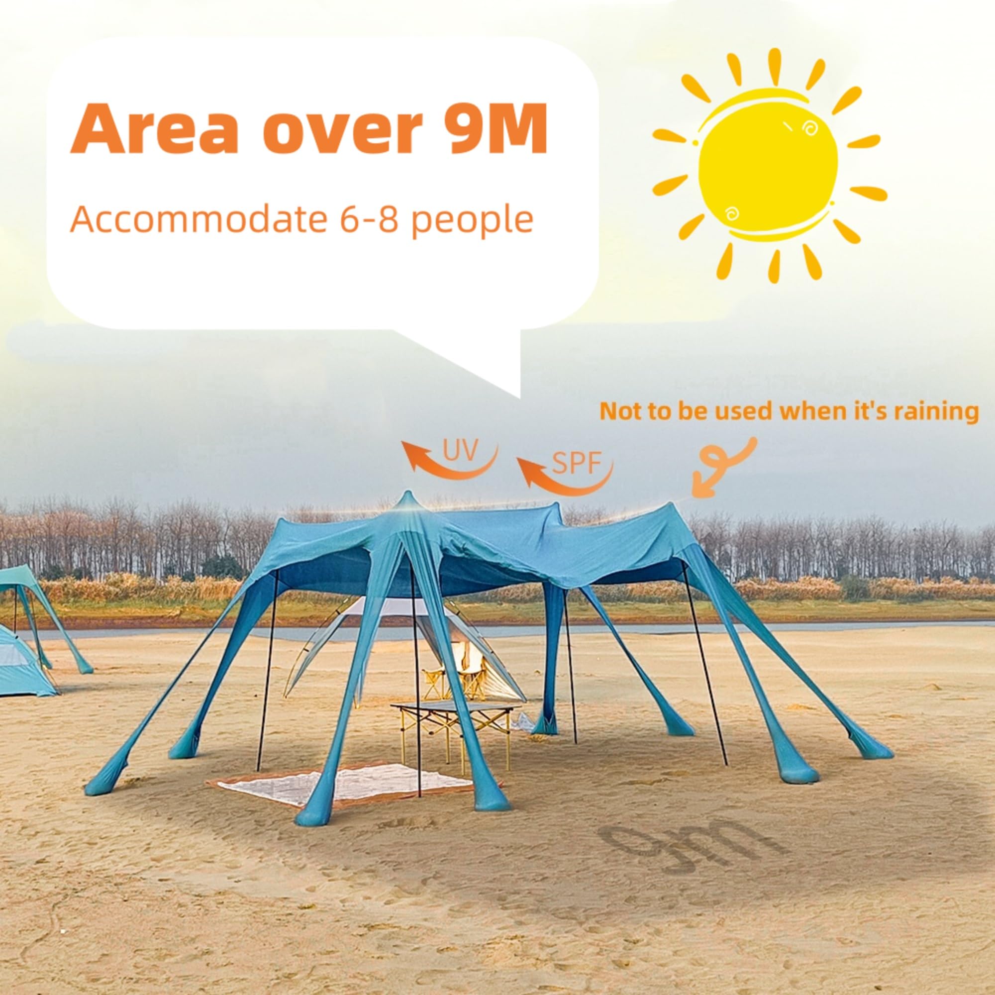 Strandzelt, Sonnenschutz Strand, großes Outdoor-Sonnenschutzzelt für 6 bis 8 Personen, UV-Schutz für Strandcamping, Angeln und Picknick (Blau)