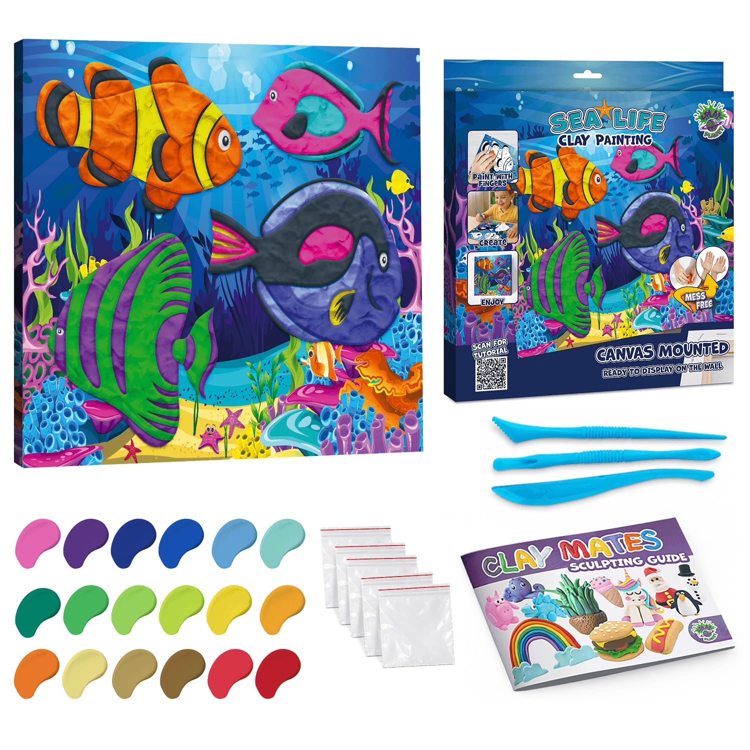 Splat Planet - Mess-Free Sea Life Clay Painting Kit, Air Dry Clay Modelling Kit, Sensory 3D Canvas Fun Arts and Crafts for Kids, Pre-Framed 30x30cm (12x12 inches)