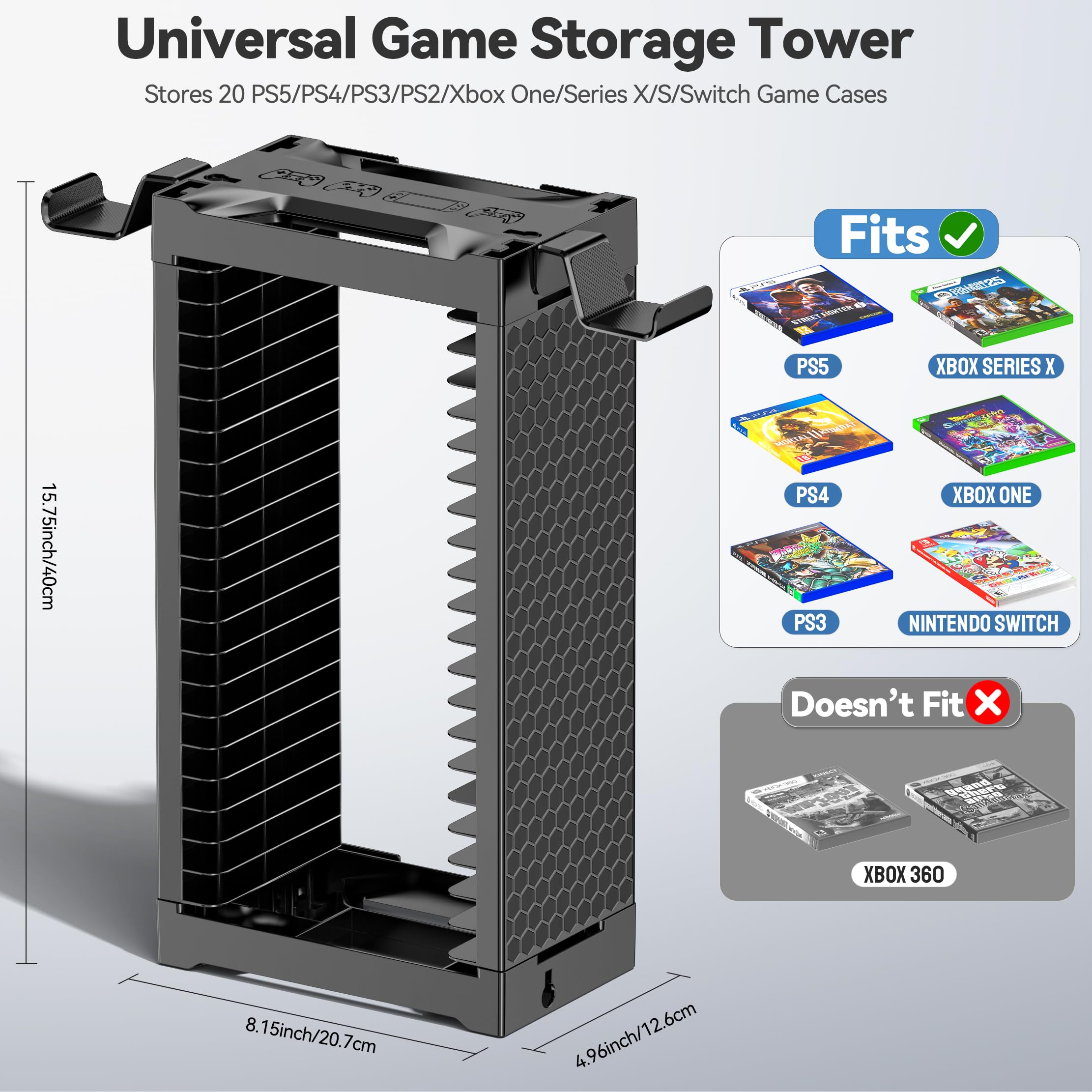 Tour De Rangement Verticale Pour Jeux Vidéo – Capacité 24 Disques, Compatible PS5/Xbox/Nintendo, Avec 4 Crochets Pour Manettes, Noir
