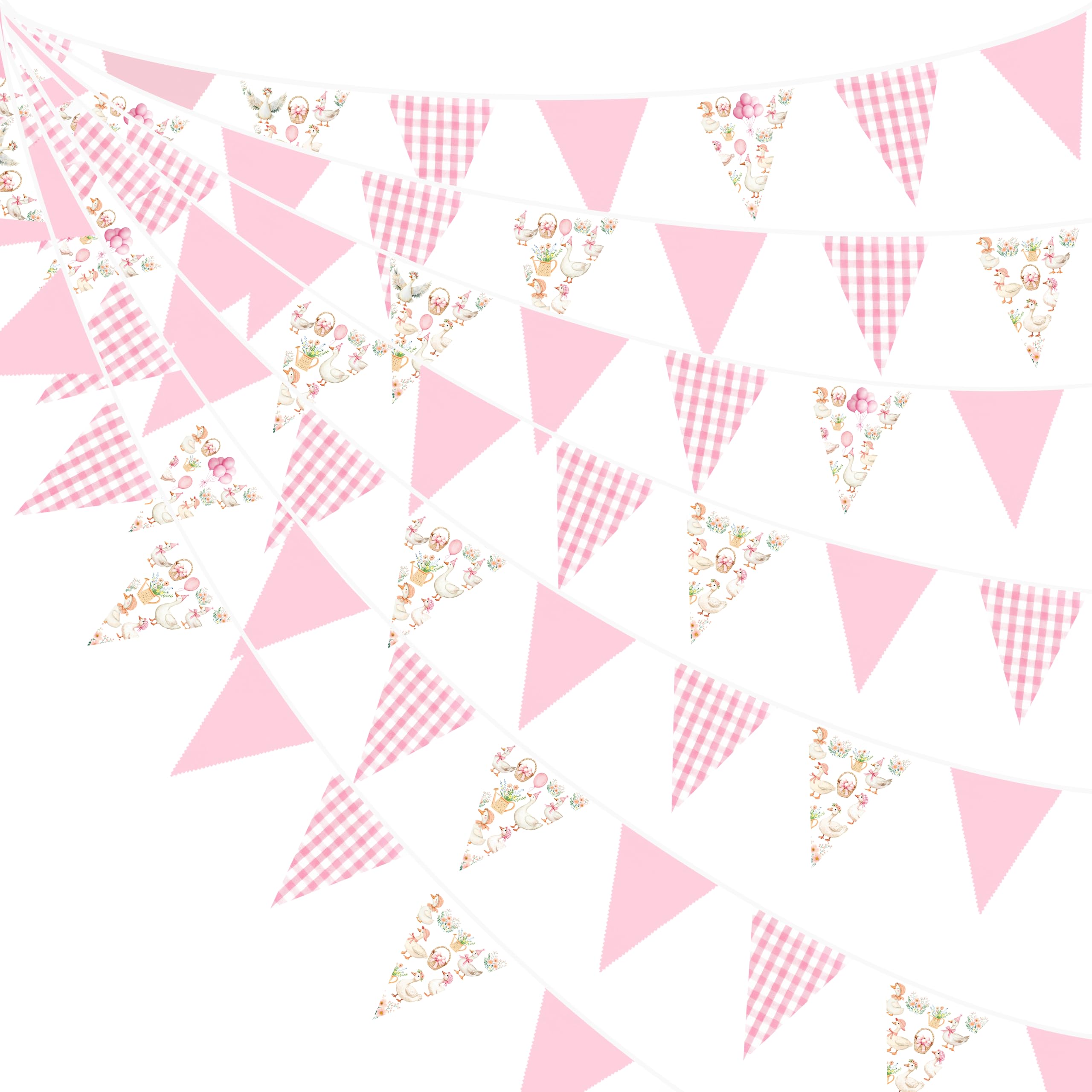 32Ft Goose Party Decorations Pink Gingham Plaid Silly Goose Themed Fabric Banner Triangle Pennant Flag Garland Streamers for Kids Girls Farm Animals First Birthday Baby Shower Duck Garden Supplies