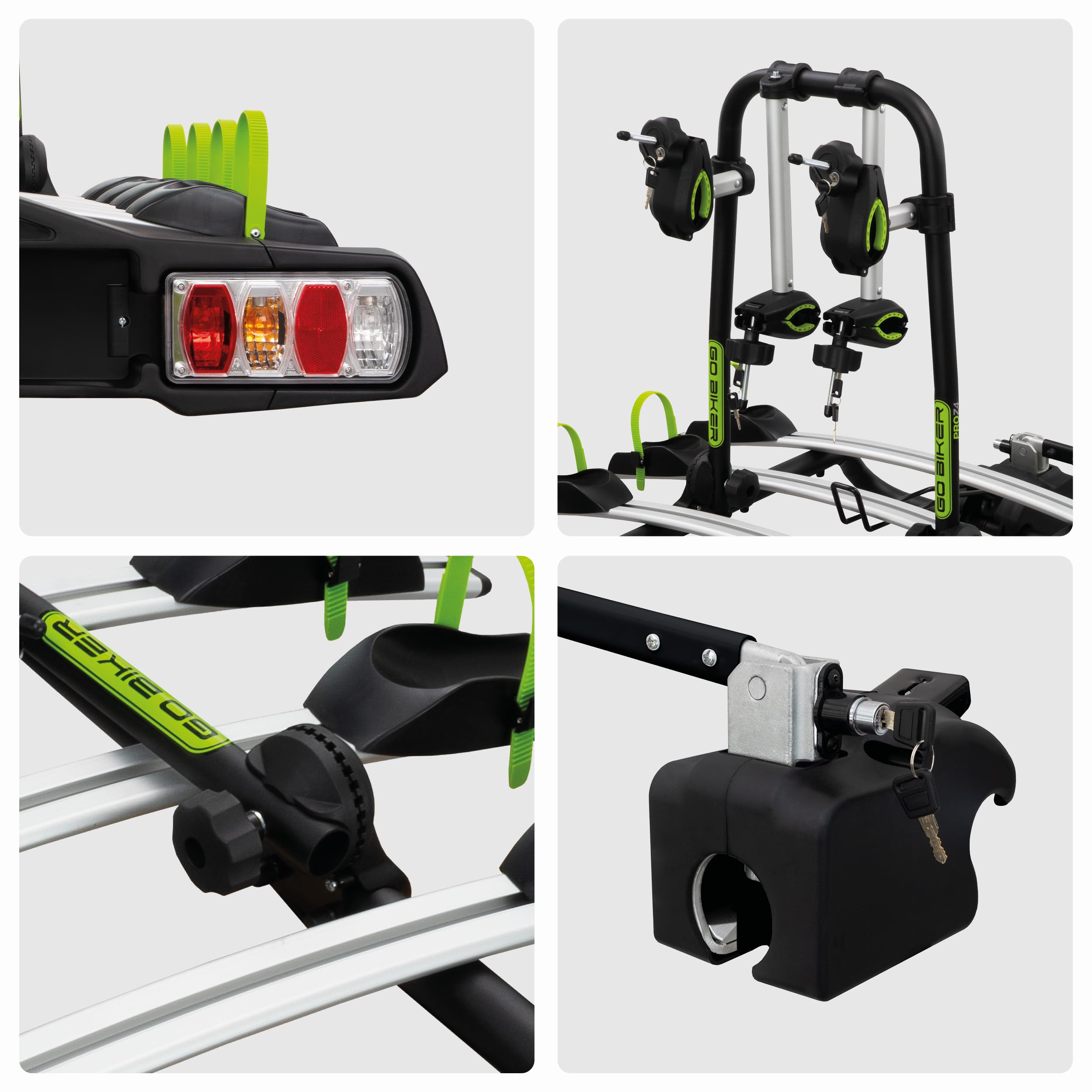 PRO Z4 Portabici Gancio Traino per 4 Bici – Struttura Acciaio/Alluminio – Sistema di Sicurezza – 15 kg per Binario – Facile Montaggio