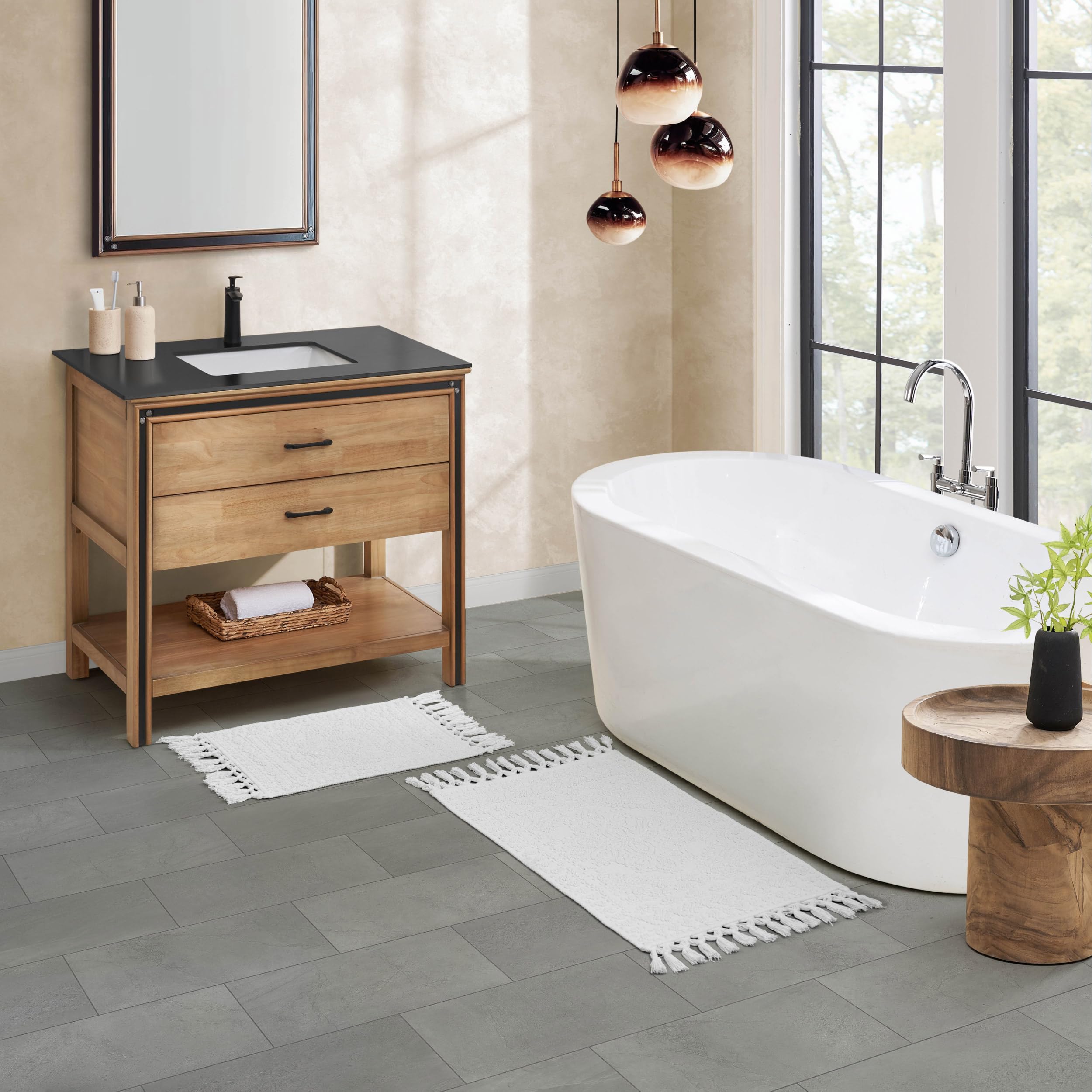 French Connection - Tappeto da bagno, 100% Cotone, bianco, 17 in. x 24 in./20 in. x 34 in.