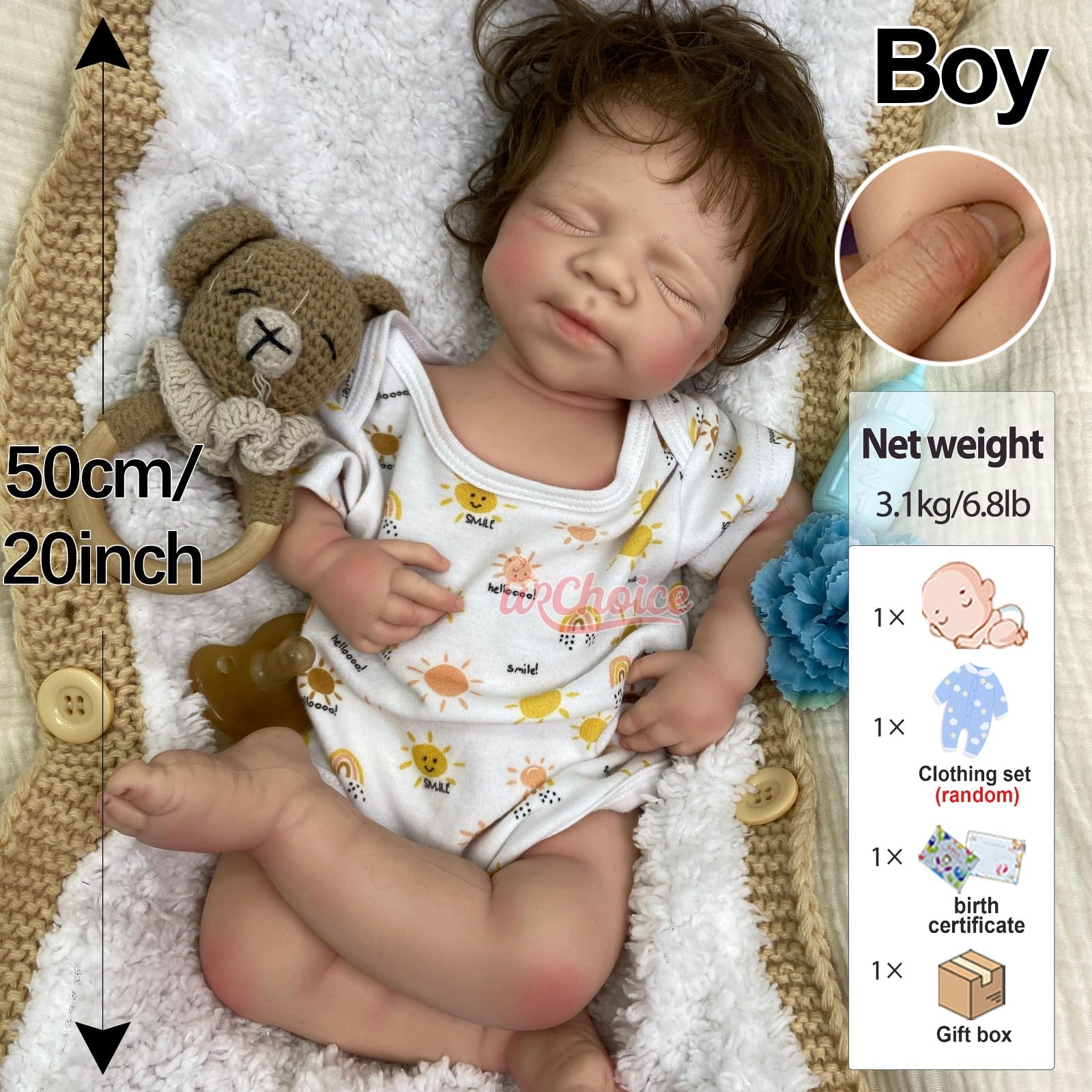 Muñeco Bebé Reborn Silicona 50 cm Cabello implantado,Boca Abierta