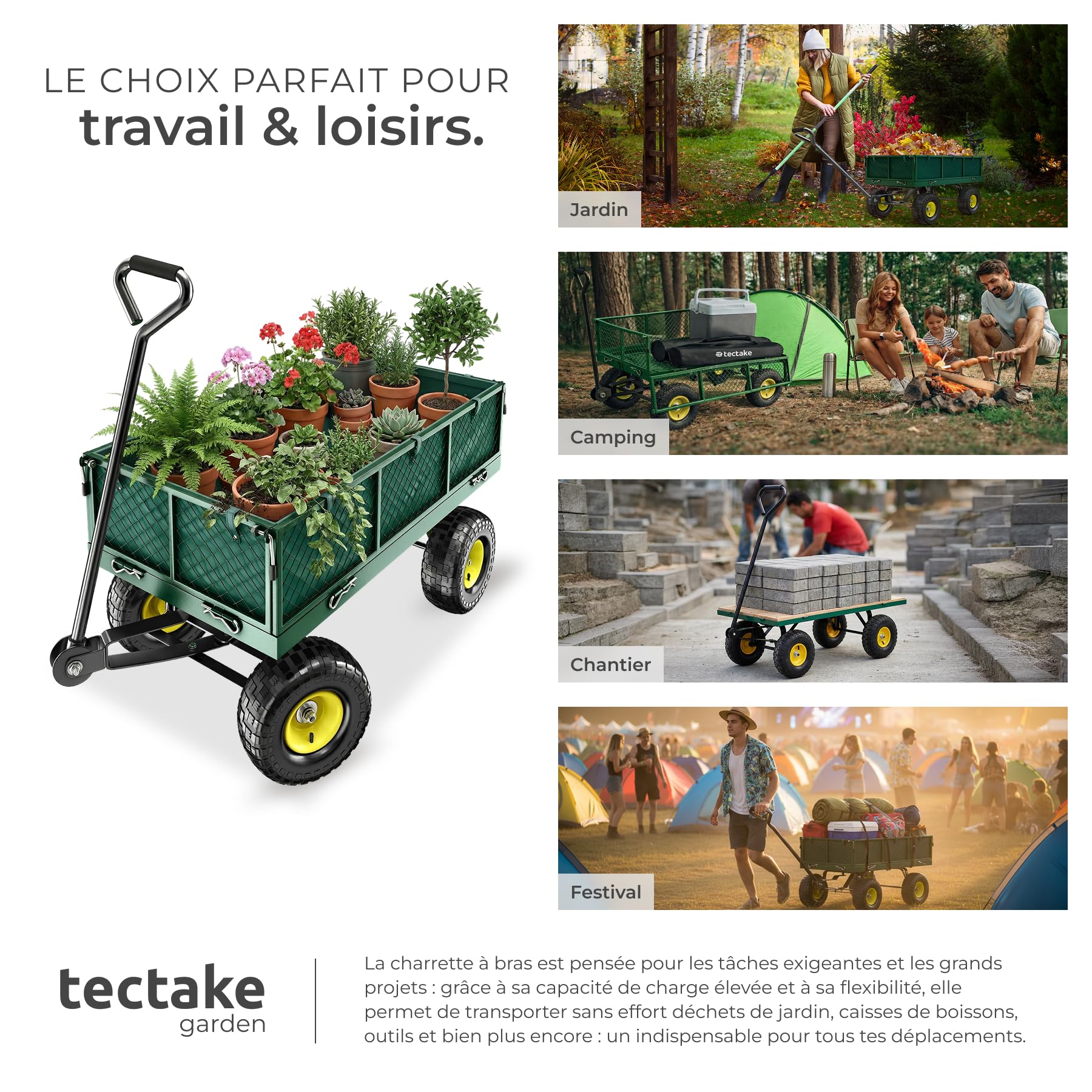 tectake® Chariot de Transport Chariot à roulettes de Jardin Remorque à Main Charrette à Bras Capacité 350kg avec Parois latéraux rabattables et Bâche pour Bois de chauffage Courses Plage Pêche Camping