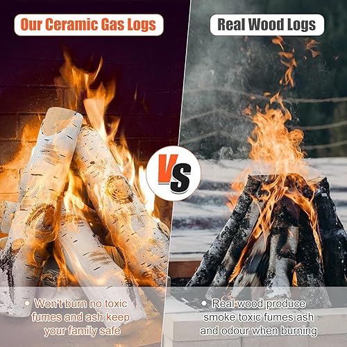 Miniatura 4 de QuliMetal Troncos de cerámica para chimenea, troncos de chimenea de gas de abedul blanco para inserciones de interior, cuenco de fuego al aire