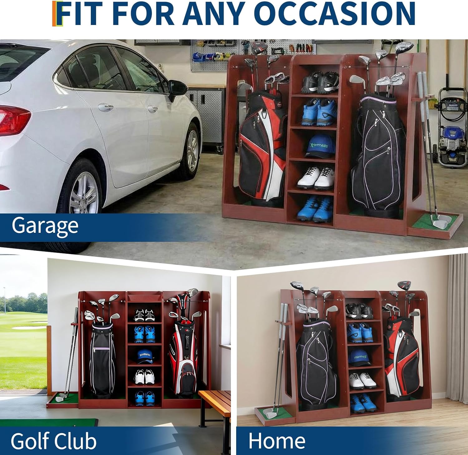 GarveeLife Golf Bag Organizer and Storage Rack, 2 Bag Capacity Wooden Golf Club Rack for Garage, Basement, Practice Room, Home, Great Gift for Golfers,Husband, Dad