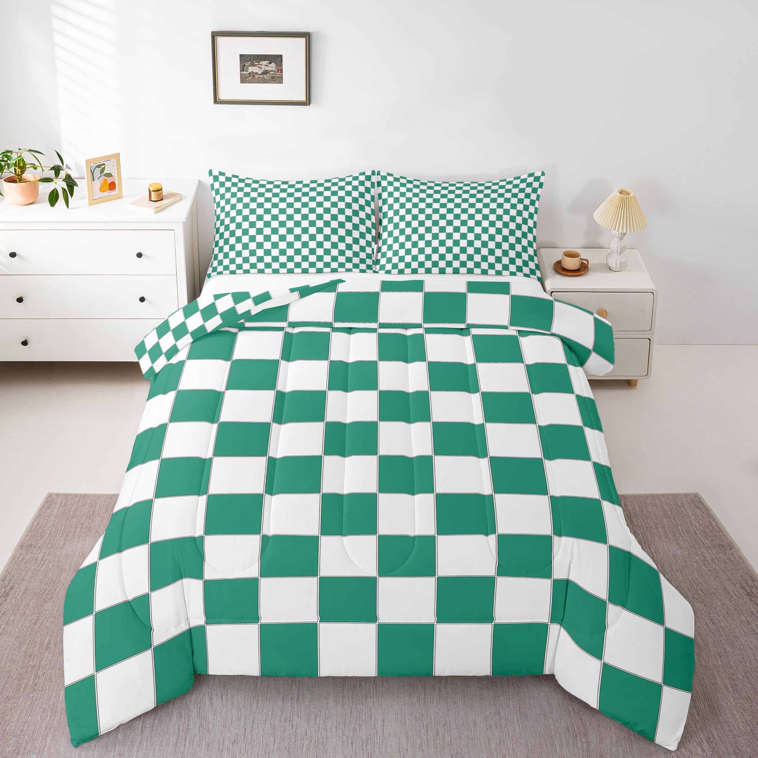 Erosebridal Green Checkered Quilt Set Full White Emerald Green Checkerboard Bedding Set,Buffalo Plaid Grid Comforter Set for Kids Adults Aesthetic Geometric Gingham Bed Set Modern Room Decor