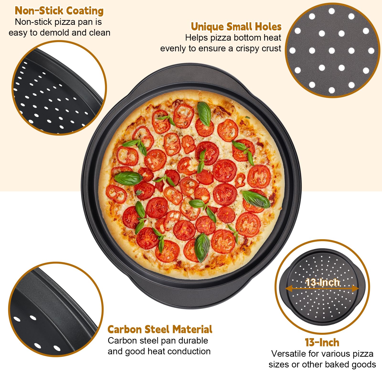 hunnycook 2 Pcs Pizza Trays for Oven -13" Pizza Pan with Holes and Handle, Carbon Steel - Image 3
