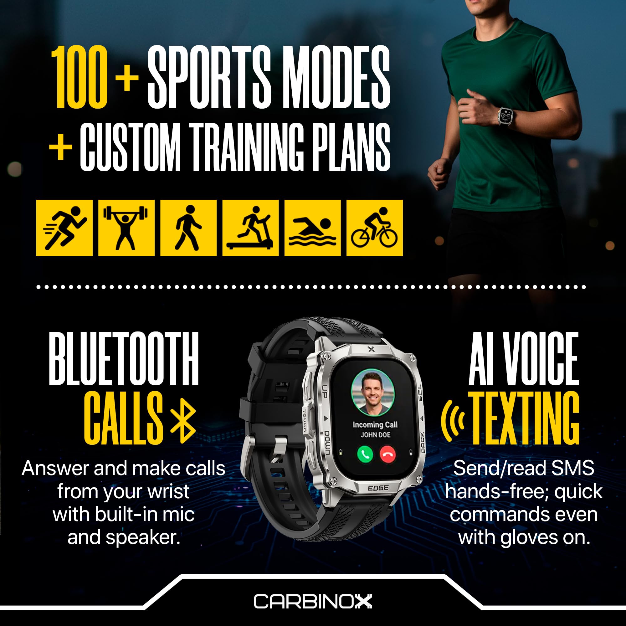 CARBINOX Edge Smartwatch, robust, 4,9 cm (1,96 Zoll) AMOLED, Edelstahl, IP69K/5 ATM, Fitness-Tracker, Dual-Band GNSS, 500 mAh, Bluetooth-Anrufe, Smartwatch für Android-Handys, iOS (Silver Ultimate
