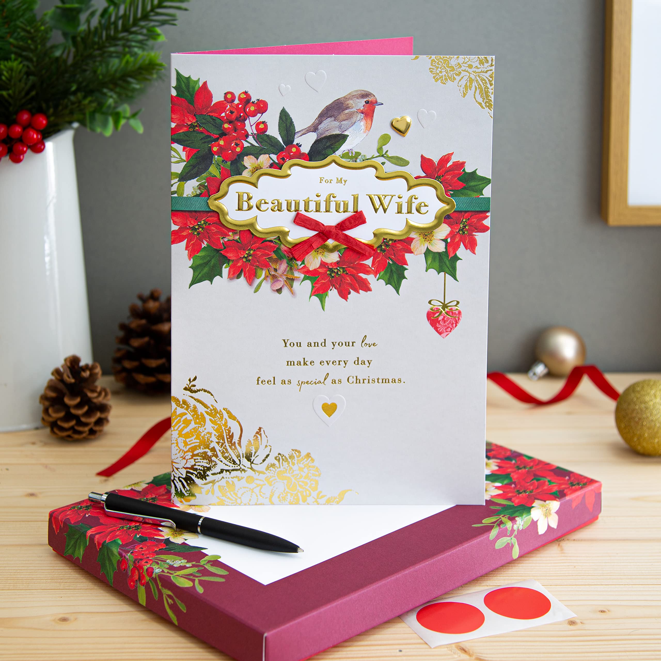 Hallmark Boxed Christmas Card for Wife - Traditional Robin and Foliage Design, Boxed Robin & Florals Card For Wife, 26 cm by 18 cm - Image 2