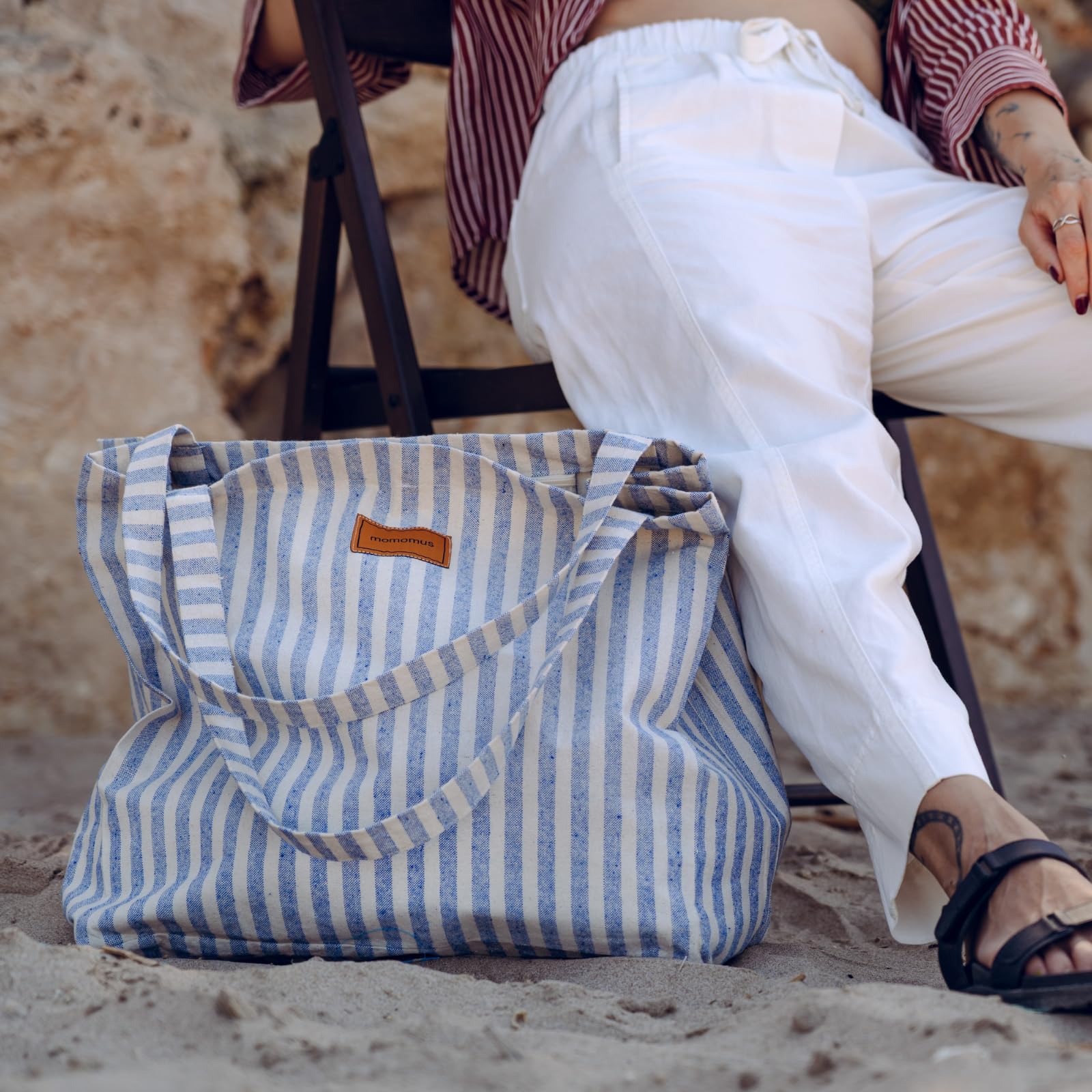 MOMOMUS Bolsa de Playa XXL 100% Algodón Reciclado Plegable para Mujer Grande y Familiar Verano Piscina