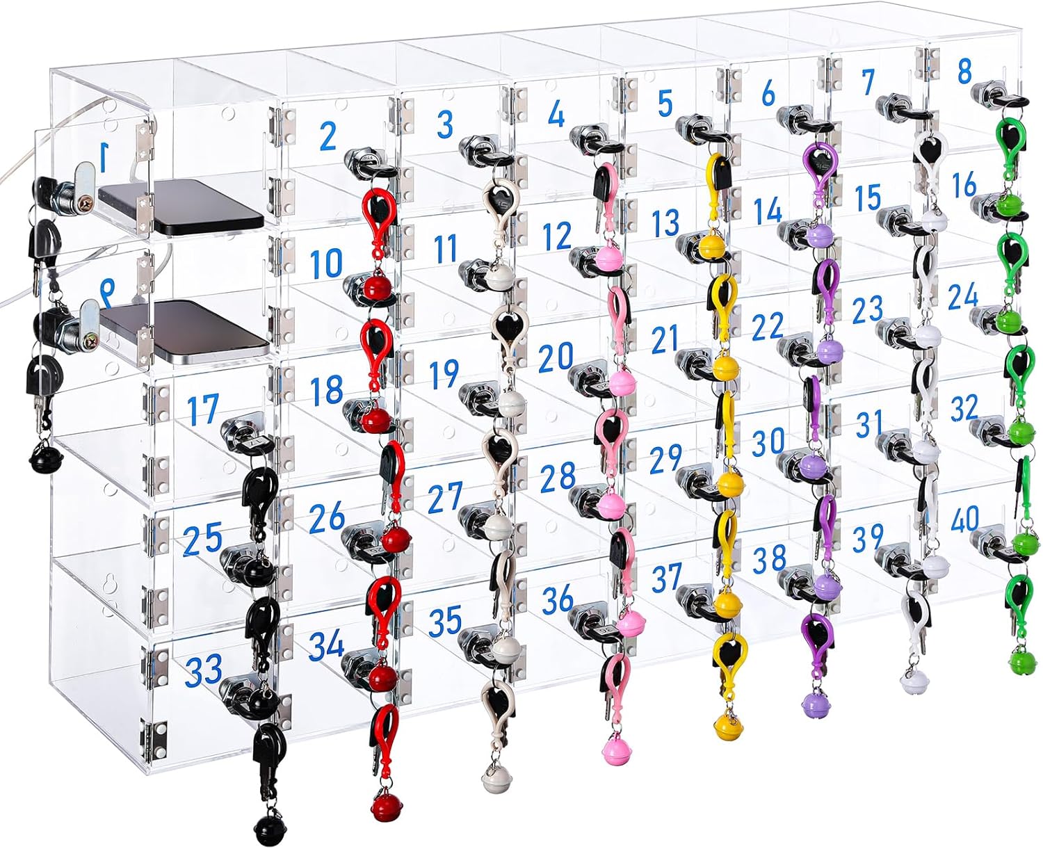 40 Doors Cell Phone Locker Box with Charging Hole (Upgrade Size), Clear Acrylic Cell Phone Storage Cabinet Wall Mounted, Locks, Key, Number for Classroom Employee Office School Factory