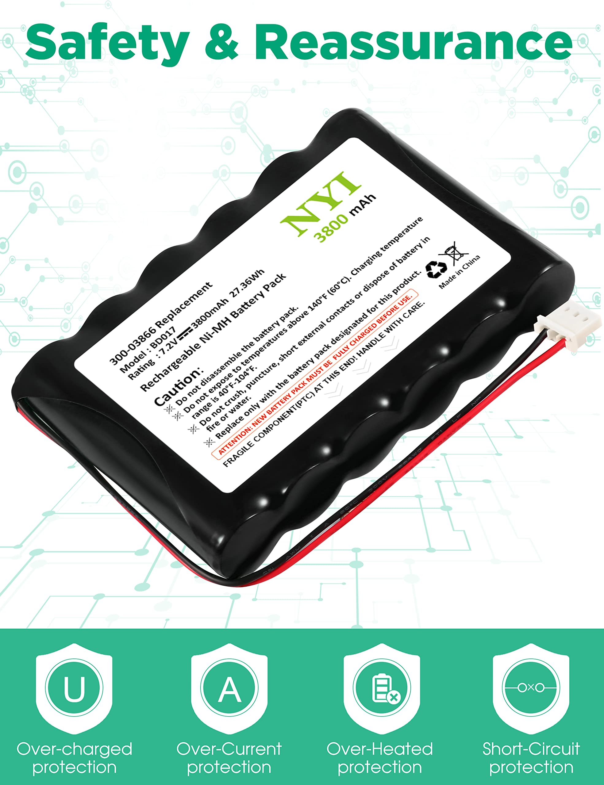 NYI Batería mejorada de 3800 mAh 300-03866 para Honeywell Alarm Lynx 5100, 5200, 5210, Lynx Touch 7000, 7.2 V LYNXRCHKIT-SHA, OSA214, LCP500-4B