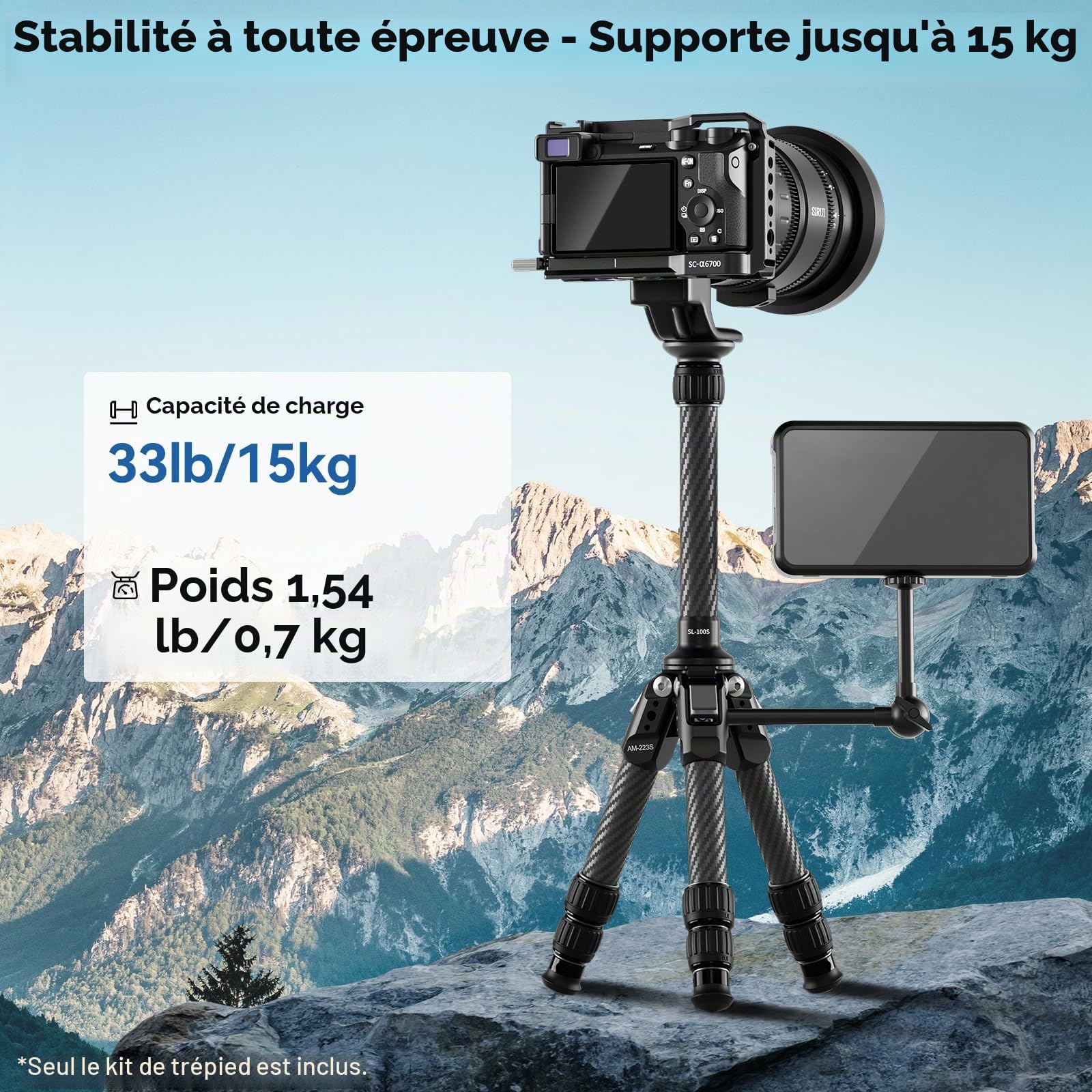 SIRUI Mini Trépied en Fibre de Carbone avec Colonne Centrale Extensible, Hauteur Maximale 66 cm, Supporte 15 kg - Ultra-Léger 0,7 kg pour Le Bureau et Les Voyages, AM-223S+SL-100S