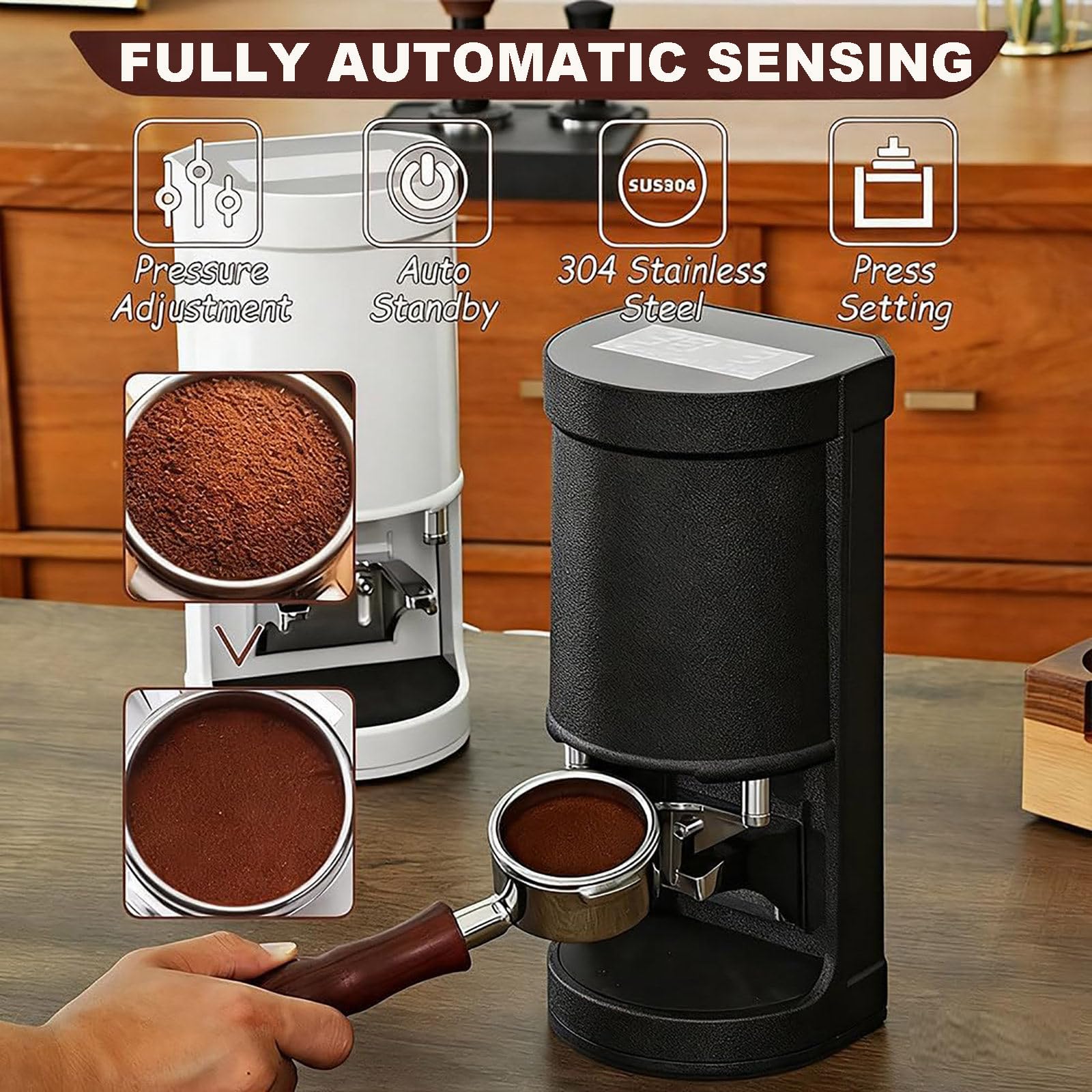 Prensador Automático de Café, Prensador Eléctrico Profesional de 58 mm, Prensador de Espresso para Baristas, Prensadores Automáticos Profesionales para Espresso. Black-Threaded