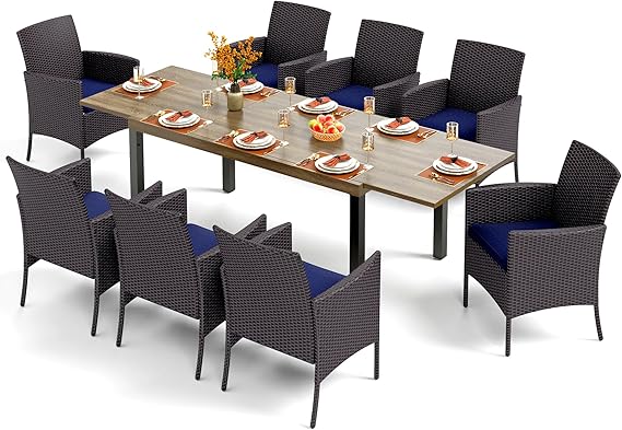 PHI VILLA 9 Piece Outdoor Dining Set for 8, Expandable Wood-Like Metal Dining Table & Wicker Chairs with Cushions, Large Dining Furniture for Patio, Deck, Backyard, Porch