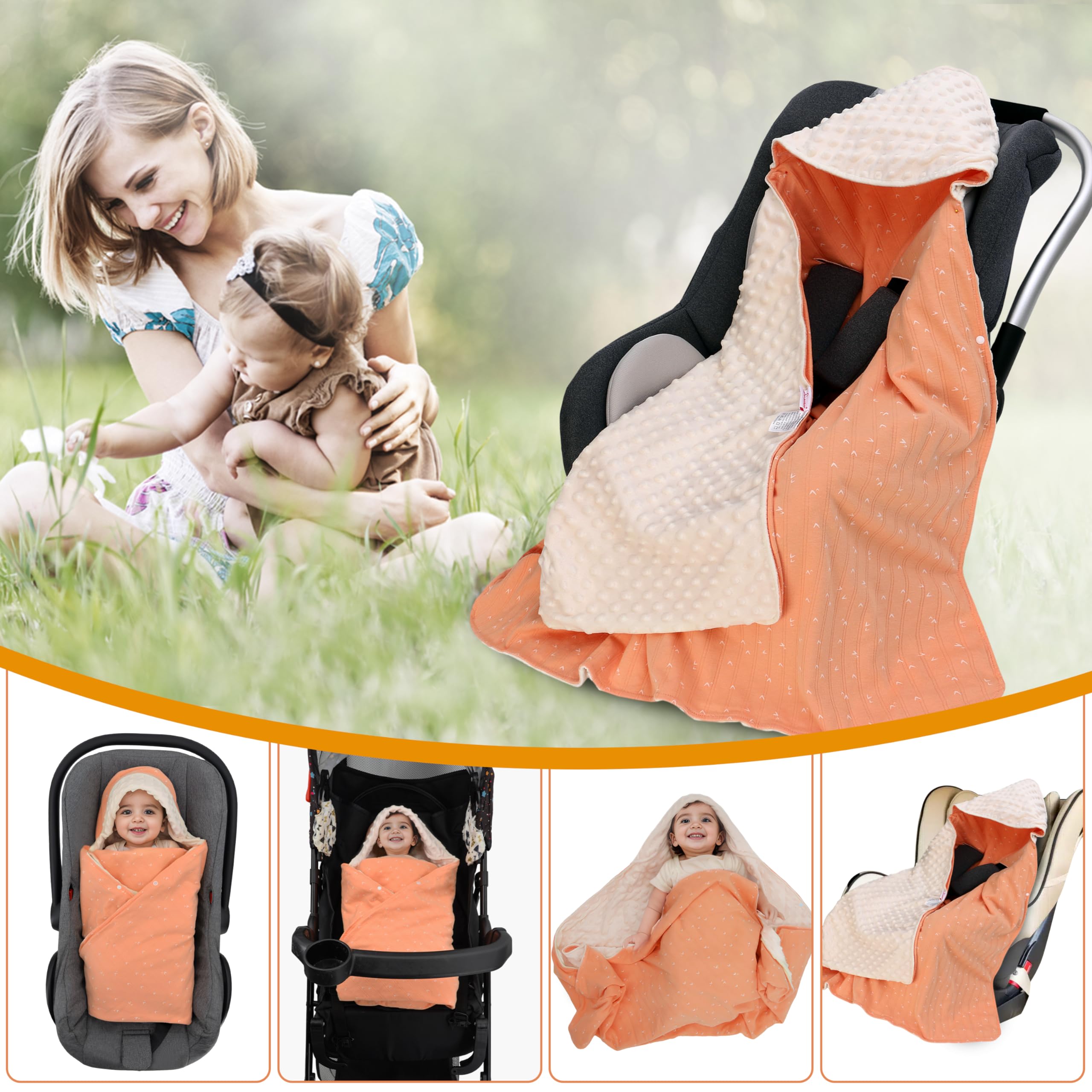 Coperta Avvolgente in 100% Cotone, 90*90cm Bifacciale Multifunzionale Copertina Accogliente con Cappuccio, Morbida Trapunta per Tutte le Stagioni, Adatto a Passeggino, Seggiolino, Unisex, Arancione