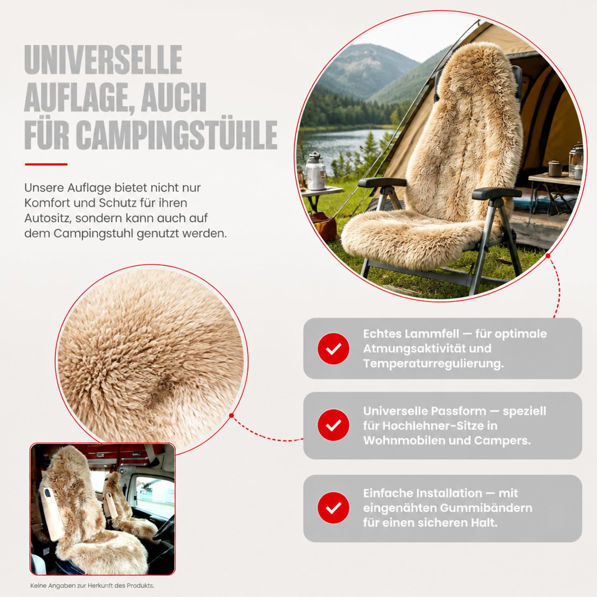 Coprisedile auto per camper e camper con schienale alto, in pelliccia di agnello naturale, universale, 135 cm, per sedili in tessuto (cammello)