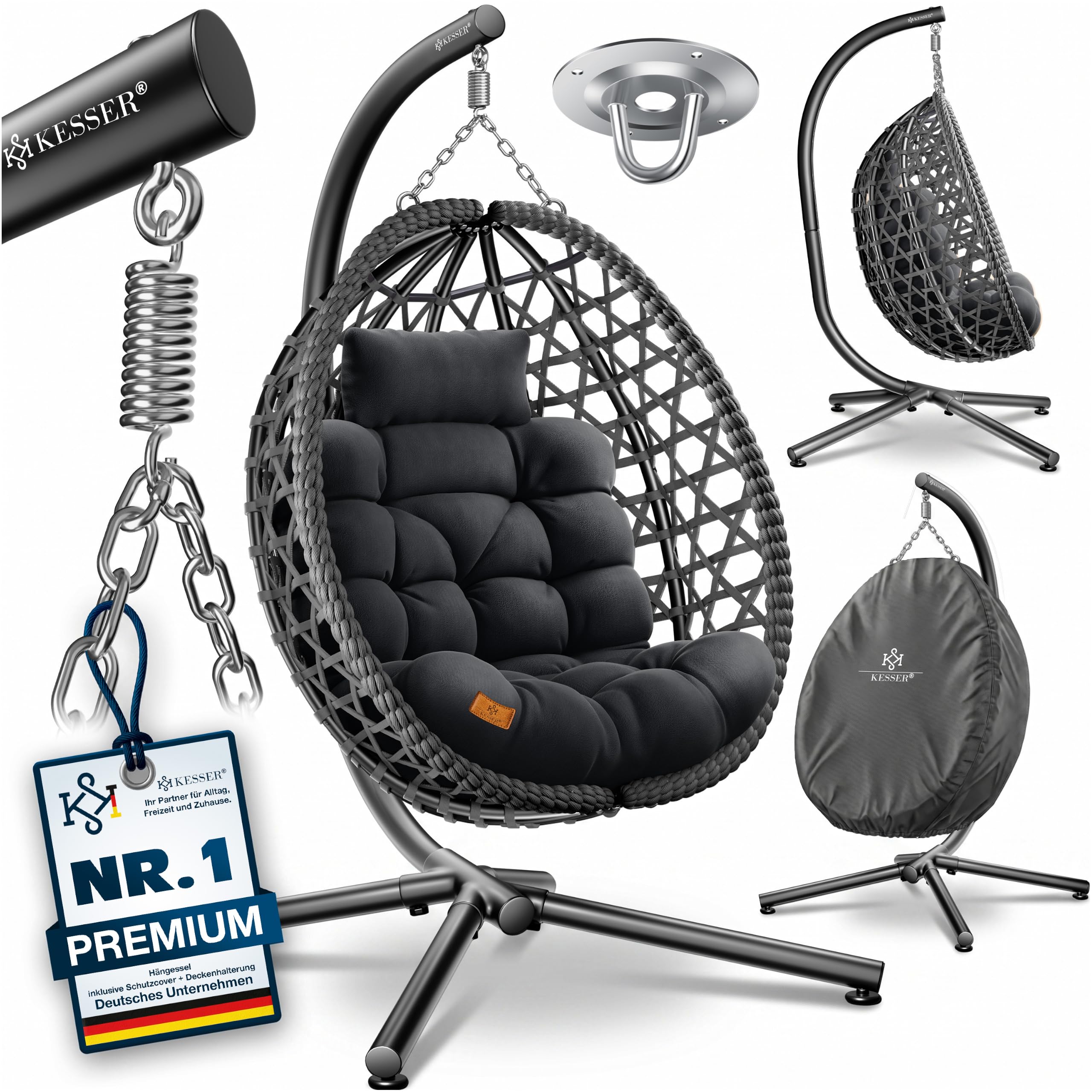 KESSER® Hängesessel mit Gestell Outdoor Indoor Schaukelstuhl Polyrattan 360° 150kg Tragkraft inkl. Polsterkissen & 2in1 Deckenhalterung + Cover – Relaxschaukel - Garten, Balkon, Terrasse, Anthrazit