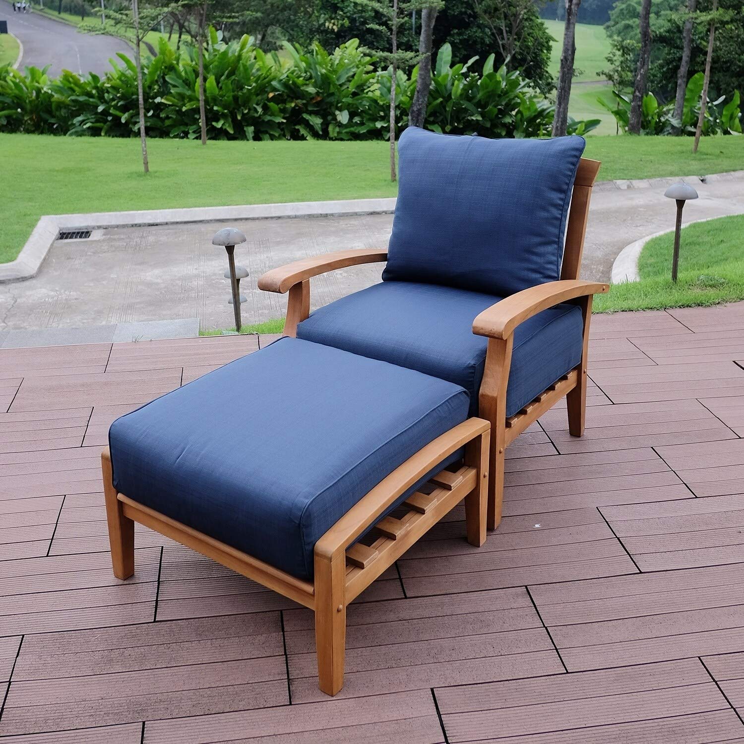 Teak Patio Ottoman with Cushion Blue Farmhouse Wood Finish Removable Cushions