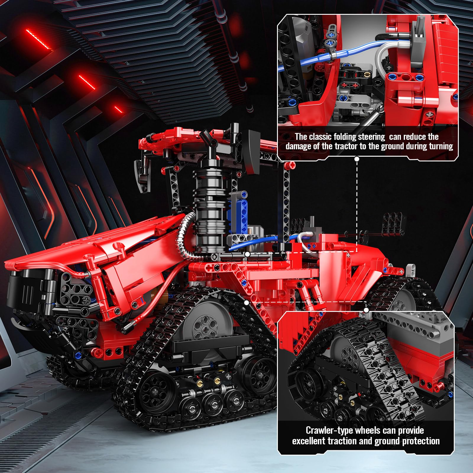 Mould King 18020 - Trattore radiocomandato MOC, trattore elettrico a catena con 4 motori, set di modellini STEM, adatto per la tecnologia degli amanti delle macchine agricole (1698 pezzi), rosso